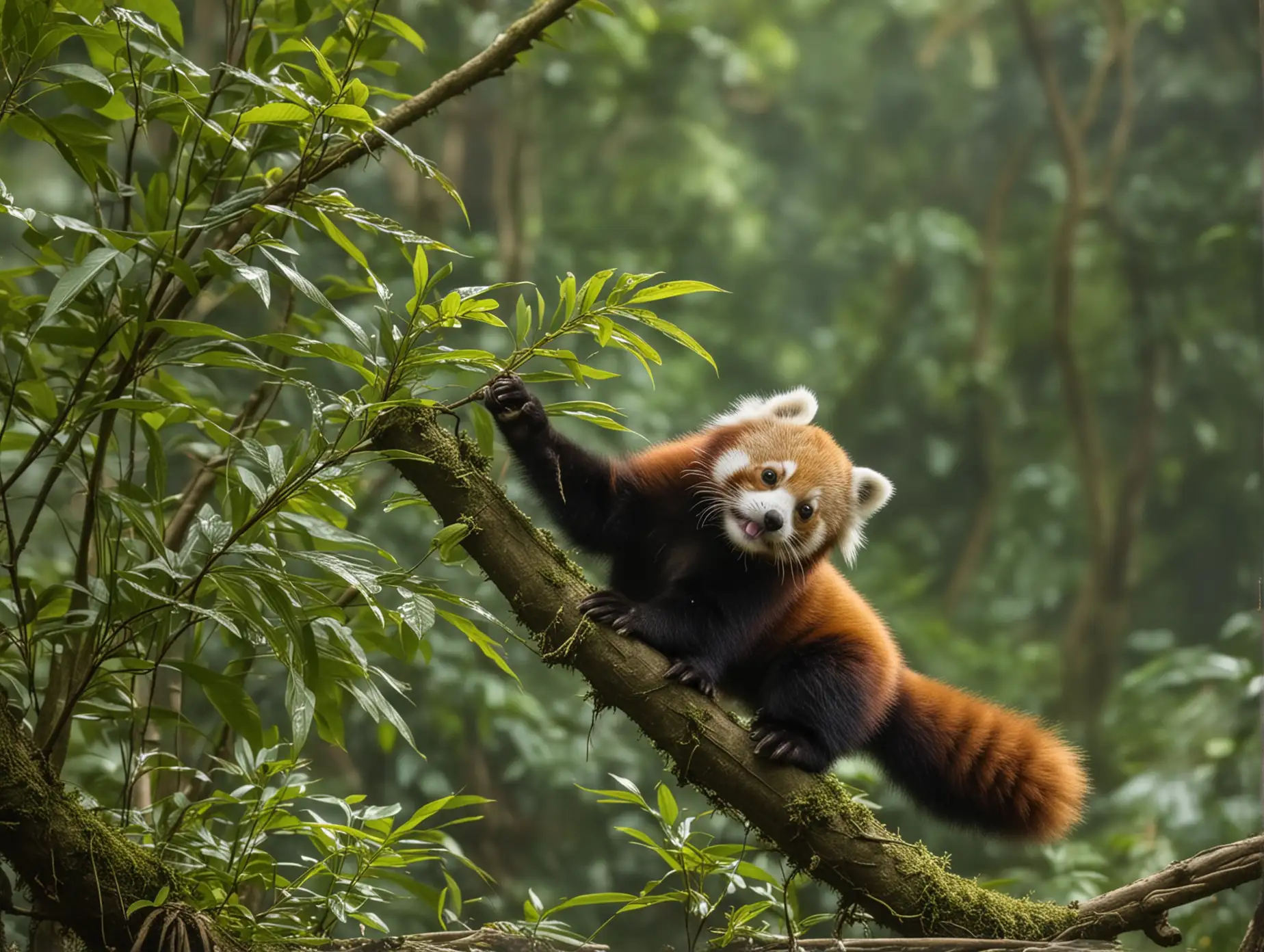 Playful Baby Red Panda in Lush Rainforest Habitat
