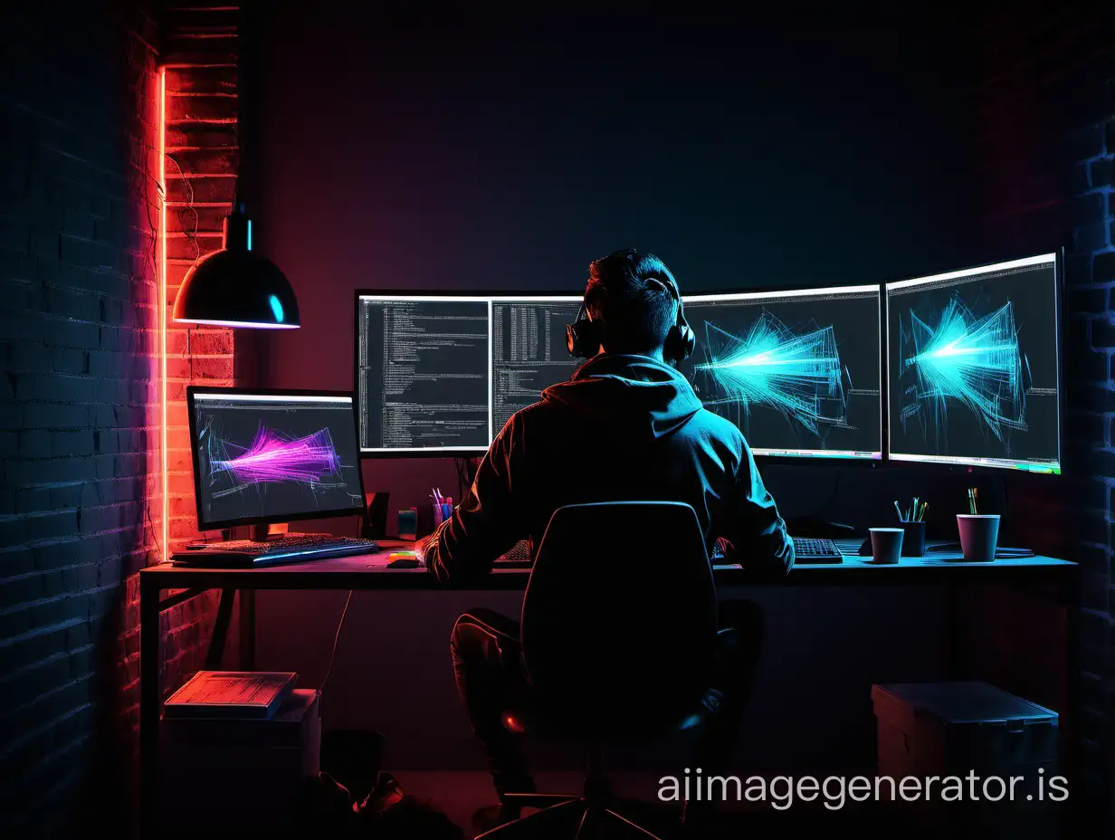 a digital artist, sitting at a desk working on computer in dark loft room, 3/4 view from back, awesome graphycs on single monitor, soft neon lighting, pexels contest winner, computer art, global illumination, volumetric lighting, stockphoto