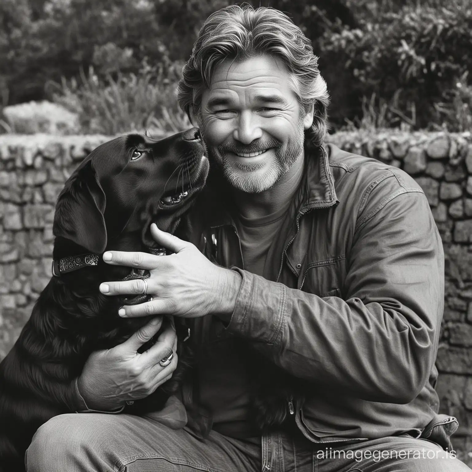 Kurt russel lovingly petting a black labrador