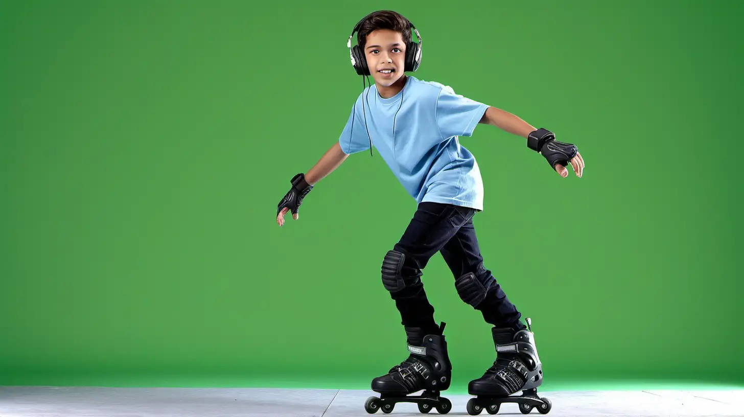 The image features a 15-year-old Hispanic boy rollerblading directly towards the camera on a solid green screen background. He is wearing a baby blue t-shirt, black jeans, knee pads, elbow pads, and headphones. The focus is on the boy, and the entire background, including the area under his feet and around him, is a uniform green screen, ideal for chroma key compositing.