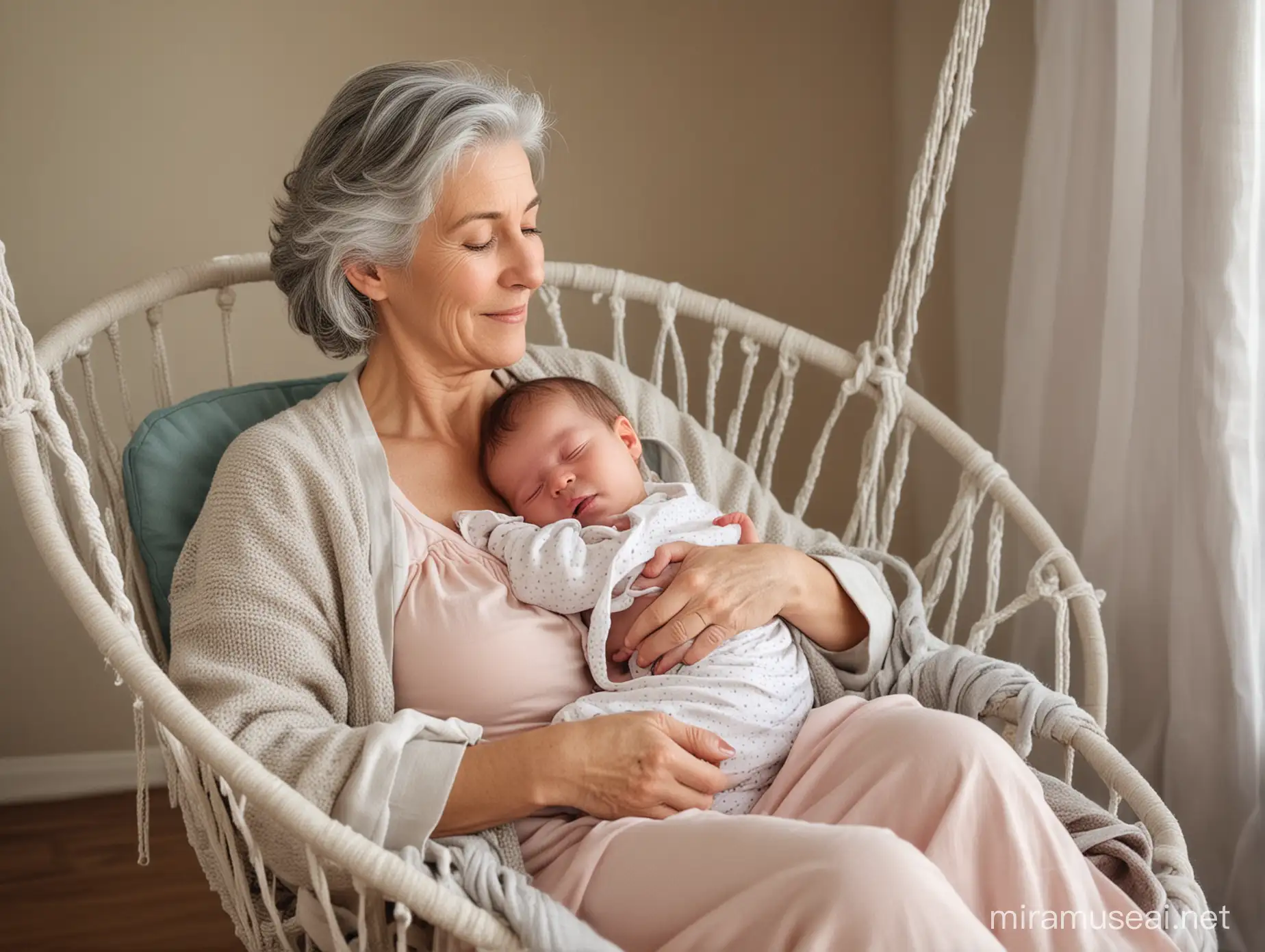 An old, gray-haired woman has just given birth to a child and is breastfeeding the child while sitting in a swing chair.