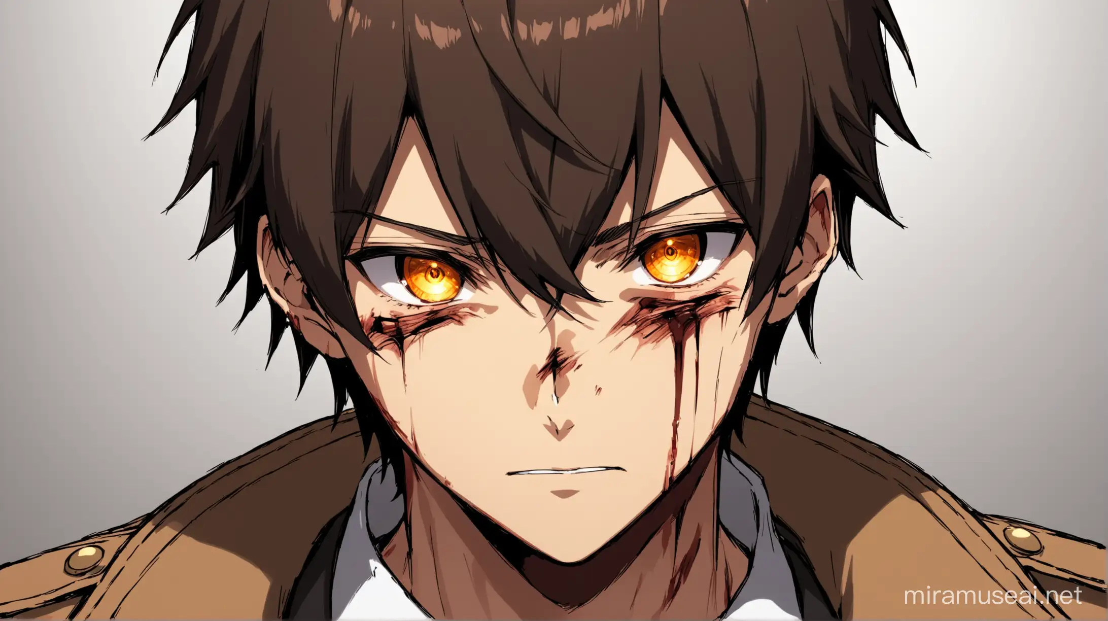 An image of face of an anime male character wearing detective clothes. He is dark brown headed and orange eyes. The image should be of his front face. His face is injured