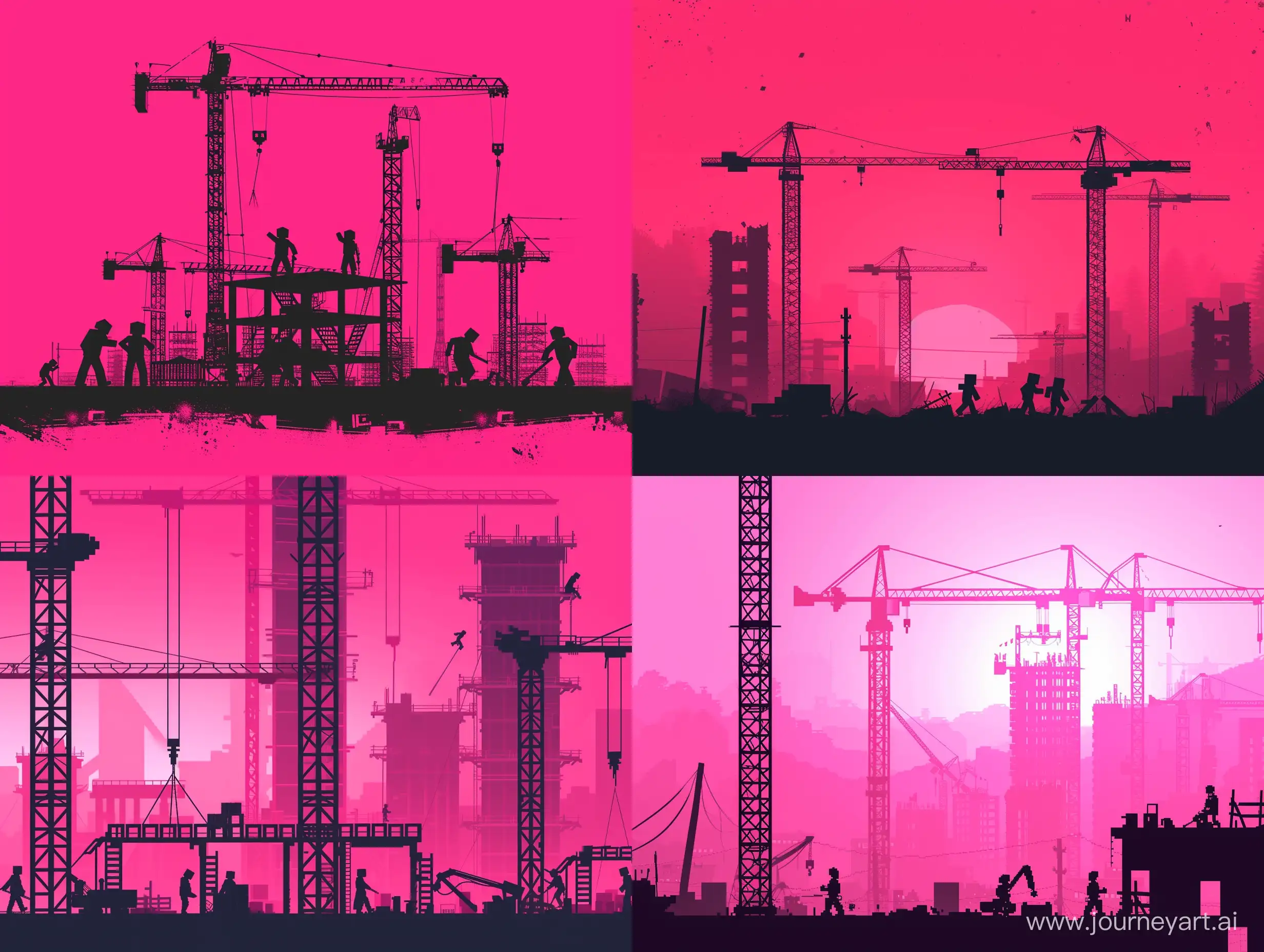 Banner in proportion, HD art. Theme of minecraft logo. The background is pink gradient color,black high-rise cranes in the background, constructivism, vector design, workers, dribbble illustration