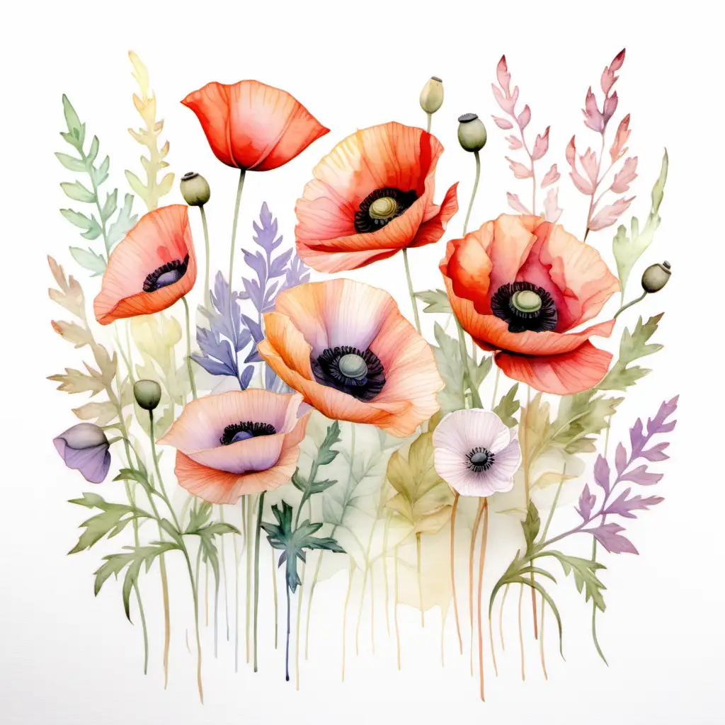 gridle of flowers, watercolored leafs, watercolored poppies, soft pastel, white background