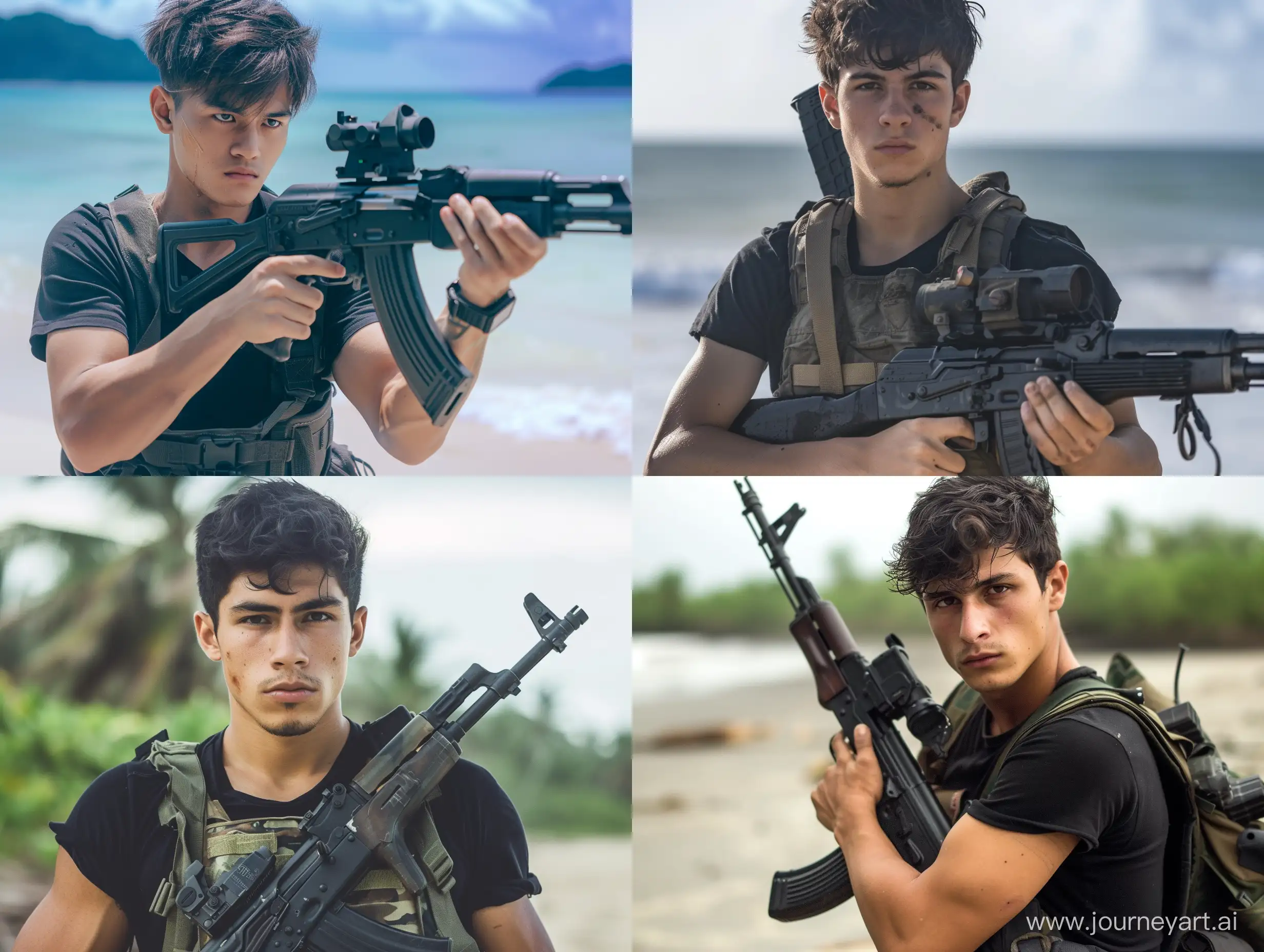 Young-Bandicoot-with-Dark-Hair-Wearing-Black-Tshirt-and-Bulletproof-Vest-Holding-AK12-with-OKP7-Sight-on-Island