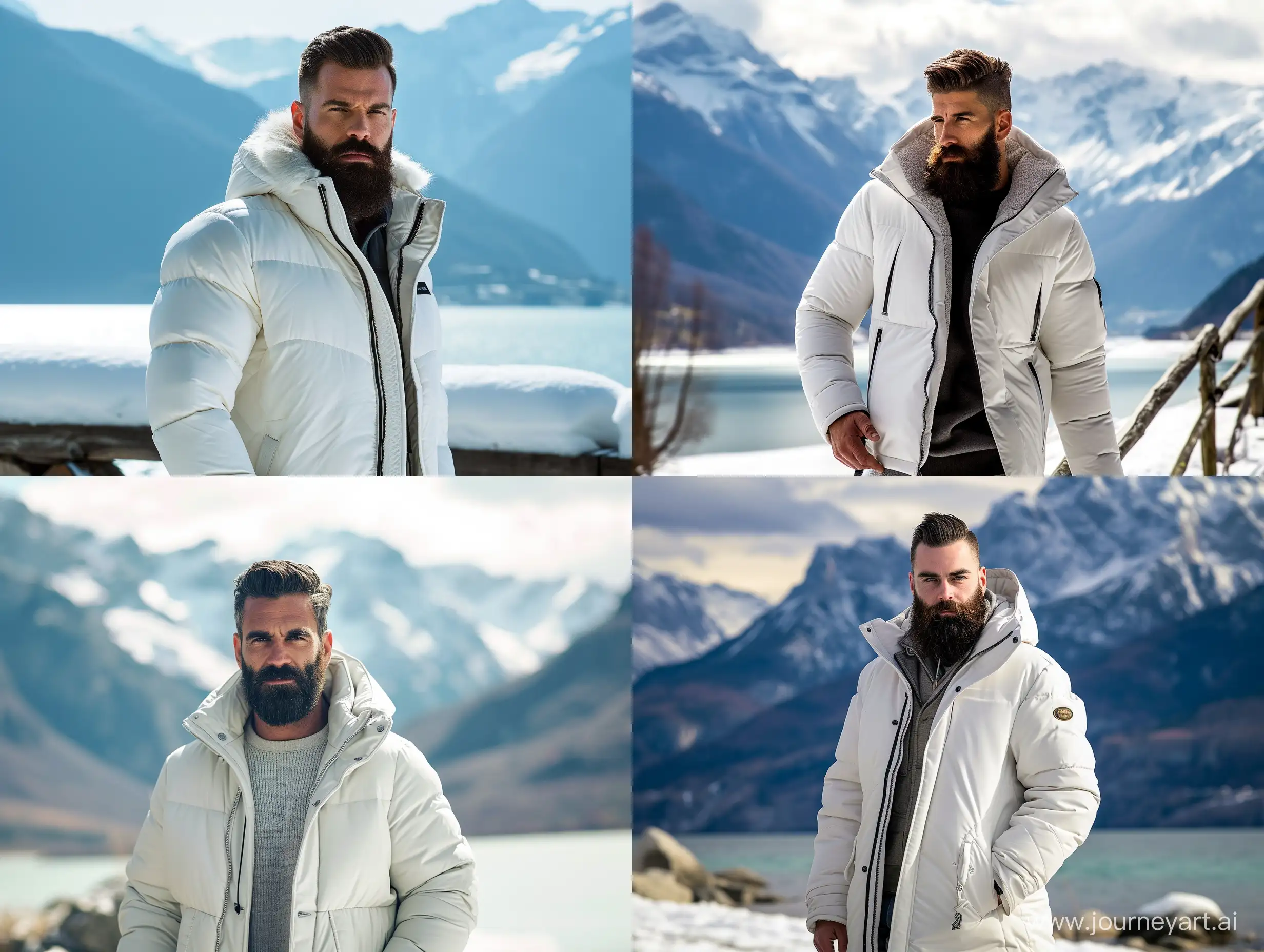 Capture the winter vibe with a real bearded man donned in a stylish white winter jacket, photographed full-body from head to toes. Placed in a setting with a background of mountains and lakes. The natural light highlights the jacket's modern texture. The result is a harmonious blend of contemporary fashion against a winter landscape, where the man's presence stands as a testament to both style and an authentic connection to the seasonal surroundings.