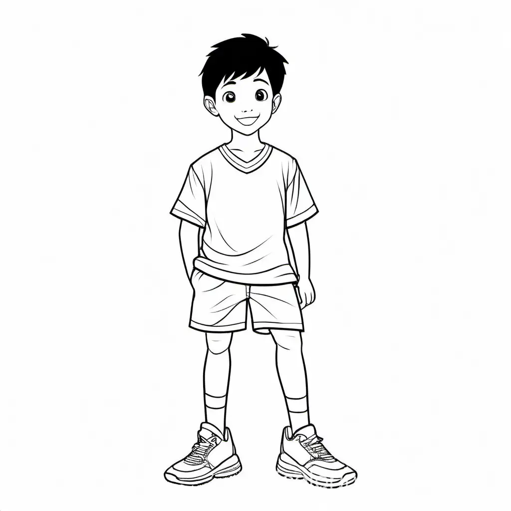 A thin asian boy wearing shorts and wearing sports shoes without background, Coloring Page, black and white, line art, white background, Simplicity, Ample White Space. The background of the coloring page is plain white to make it easy for young children to color within the lines. The outlines of all the subjects are easy to distinguish, making it simple for kids to color without too much difficulty