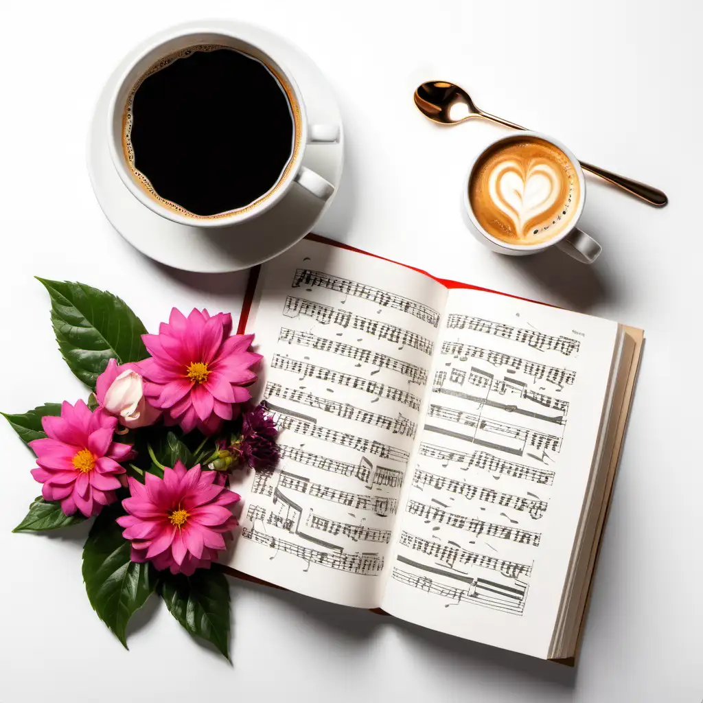 Cozy Coffee Moment with Music Reading and Blooms on a White Background