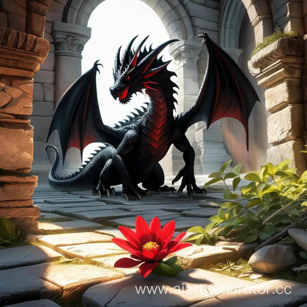 Красный цветок проросший сквозь трещину в камне посреди руин в лучах света, а рядом чёрный дракон