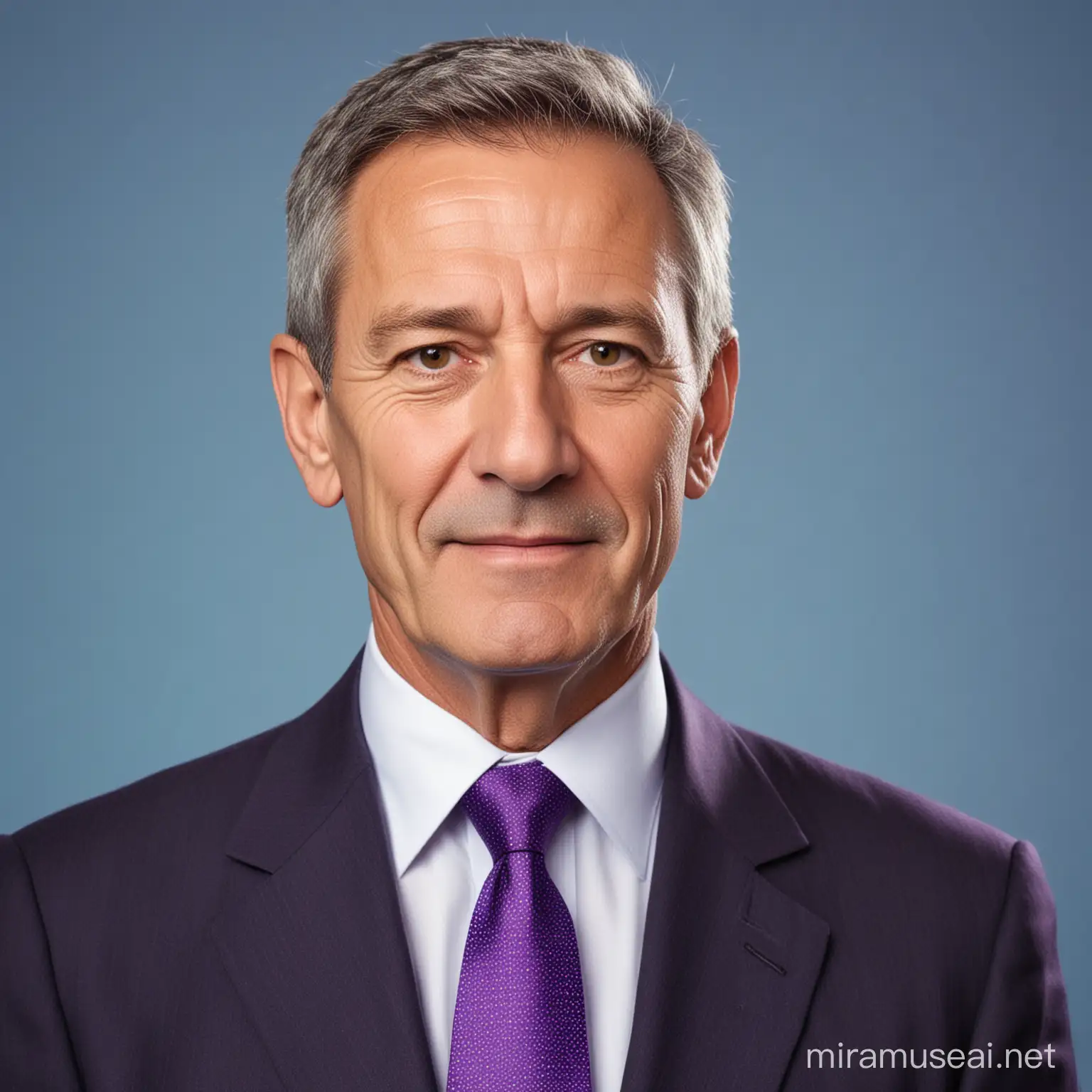 Político hombre con pelo muy corto de 62 años con corbata morada con fondo azul