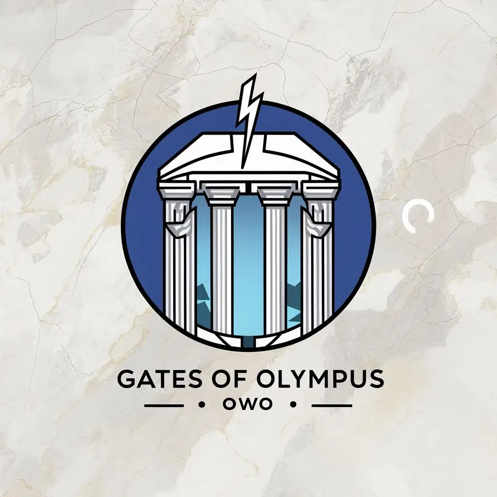 logo, Create a flat vector, illustrative-style emblem logo design for a company named 'Gates of Olympus', featuring a stylized gate with towering columns capped with a thunderbolt. The emblem is encased within a circle. The primary colors are marble white and sky blue against a white background, invoking the majesty of the heavens., with the text "owo", typography
