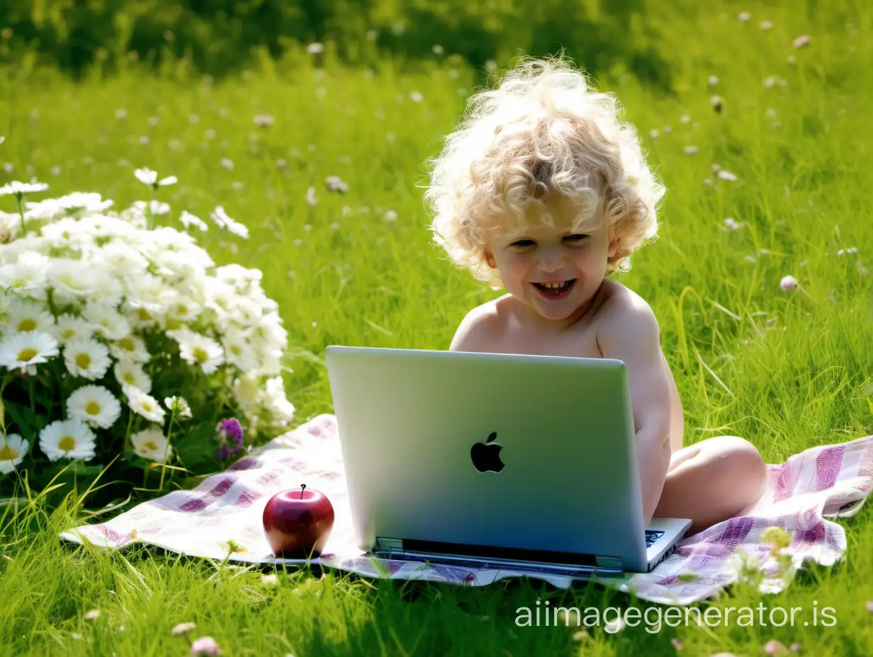 happy blond and curly three-year-old boy sunbathes on the lawn among beautiful meadow flowers, playing with an apple laptop