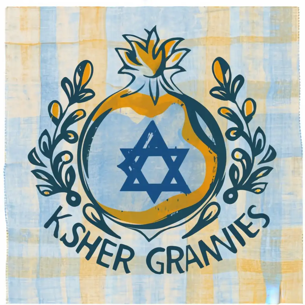 logo, Israel, yellow, blue, white, Paul Klee, pomegranate, star of David, Jerusalem, with the text "Kosher Grannies", on tablecloth, simple, typography, be used in the automotive industry