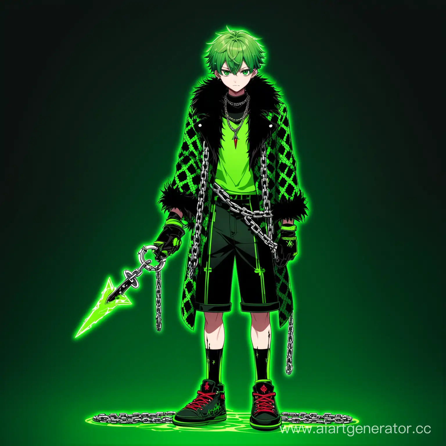 Man; medium build; swamp-green eyes; emerald short hair; half red and half green shirt; dark green fur coat; black and green gloves with a cheshui pattern; dark green shorts; black and green shoes; a chain is wound on the right hand, at the end of which there is a pointed tip; background neon green, empty