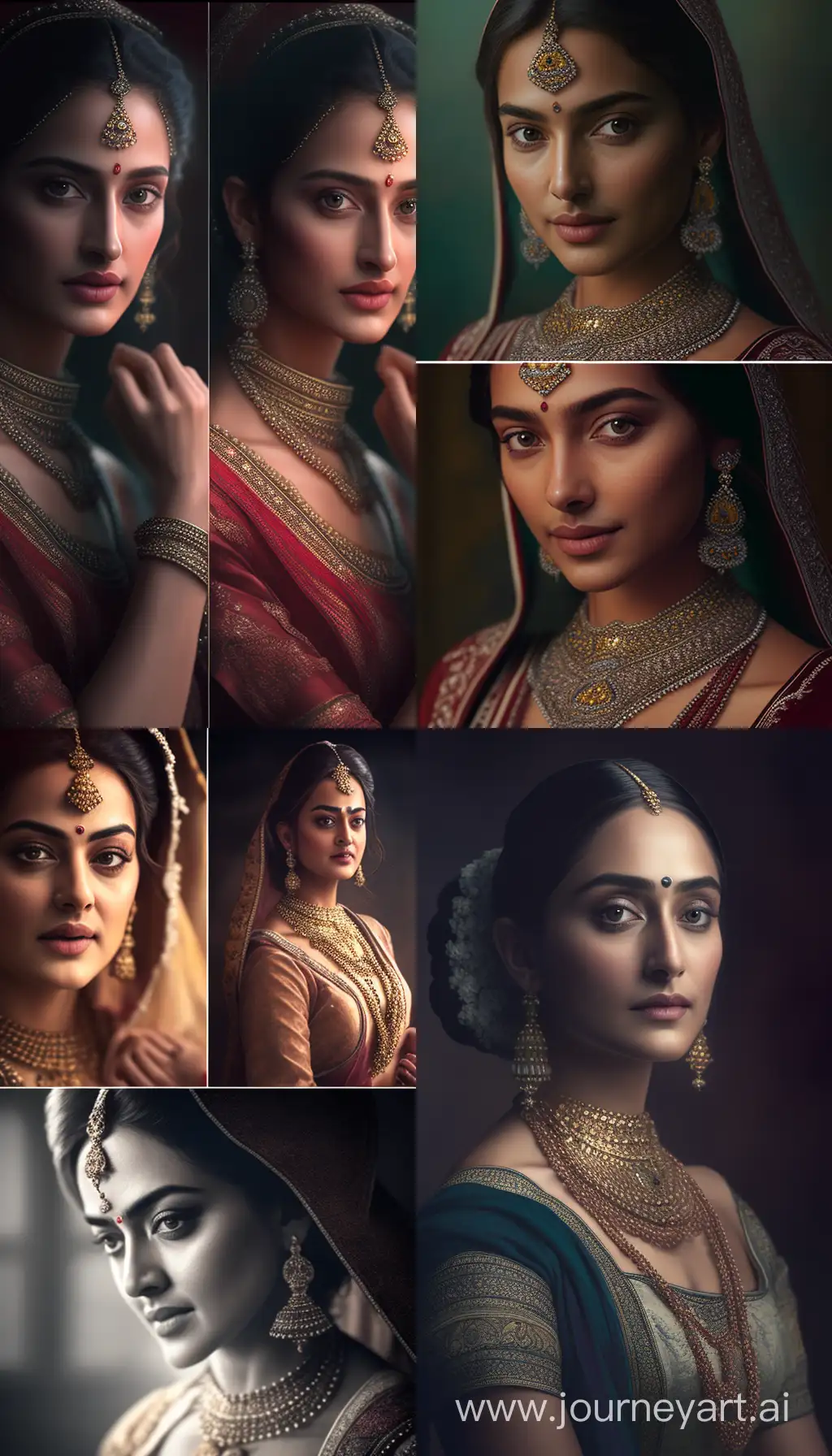 Realistic cinematic style images depicting a beautiful Indian woman dressed like a Royal, seated, close up portrait, intricate details, UHD --ar 9:16 --v 4