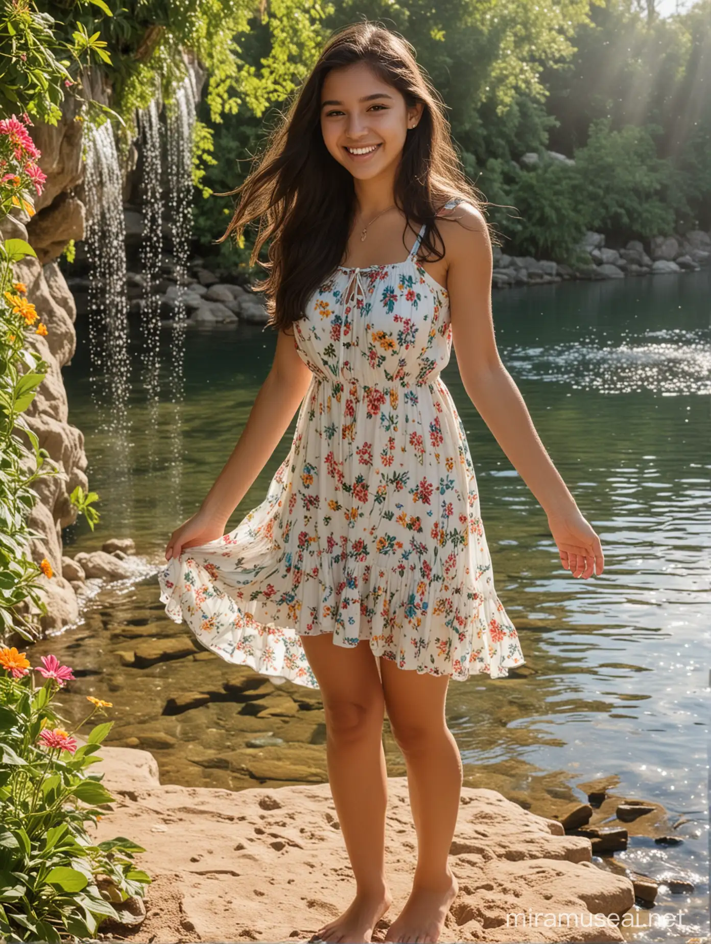 16 year old cute sweet adorable Mexican decent long straight wavy dark hair extremely cute short sundress flower garden with a waterfall and a lake barefoot playful giggling happy sunny beautiful day full body full view 