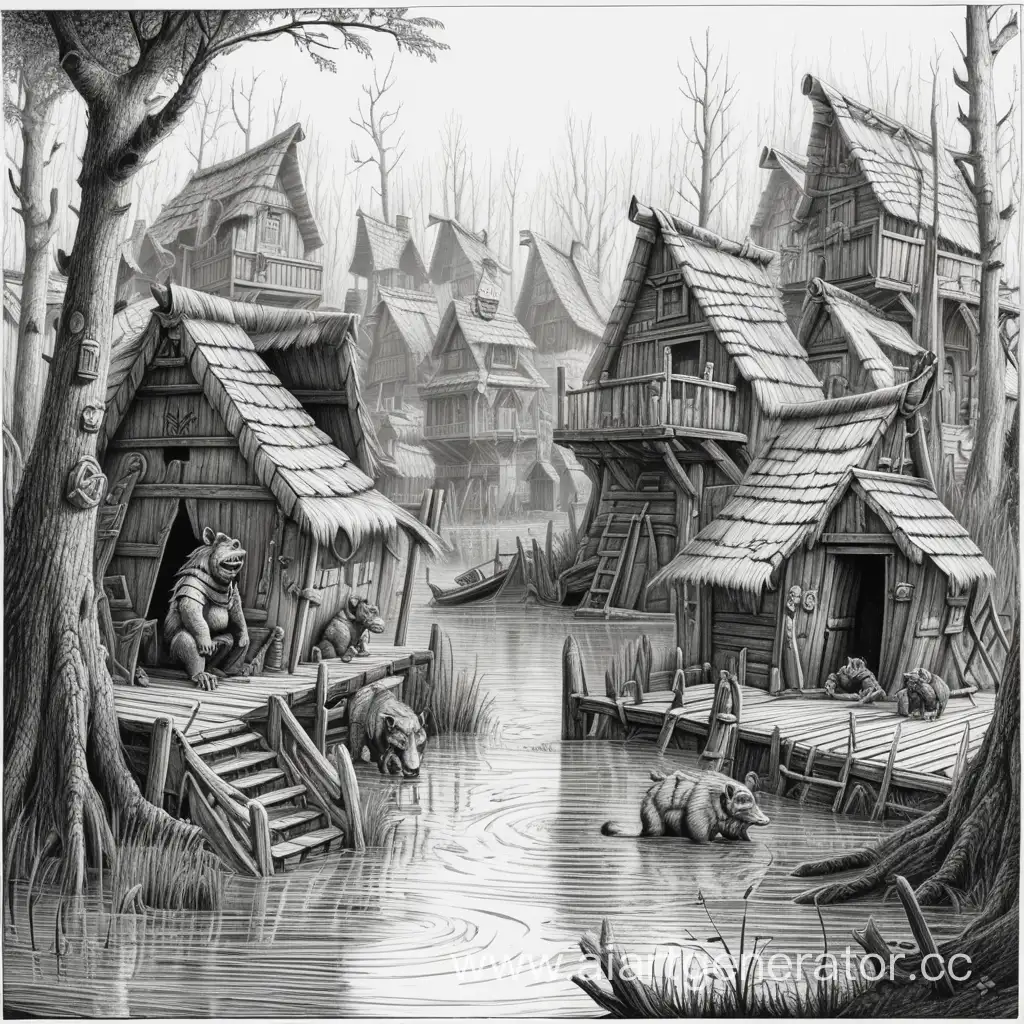 Swamp town of gnolls, engrave style