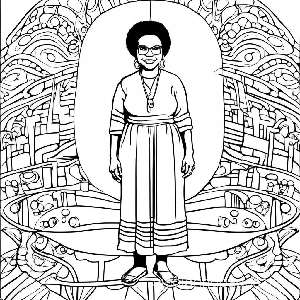 Bell Hooks, Coloring Page, black and white, line art, white background, Simplicity, Ample White Space. The background of the coloring page is plain white to make it easy for young children to color within the lines. The outlines of all the subjects are easy to distinguish, making it simple for kids to color without too much difficulty