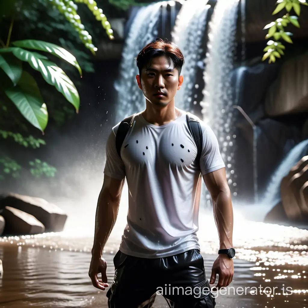The image depicts a Korean man(35) who is a member of a special forces unit. He was seen in a forest environment, wearing a contemporary white t-shirt soaked in water with black jeans. waterfalls form the backdrop as he maneuvers through the concrete jungle with tactical finesse and precision. The city lights shimmer in the background, providing a series of lights and shadows that underline the tension and intensity, the heavy rain, the wet clothes effect.