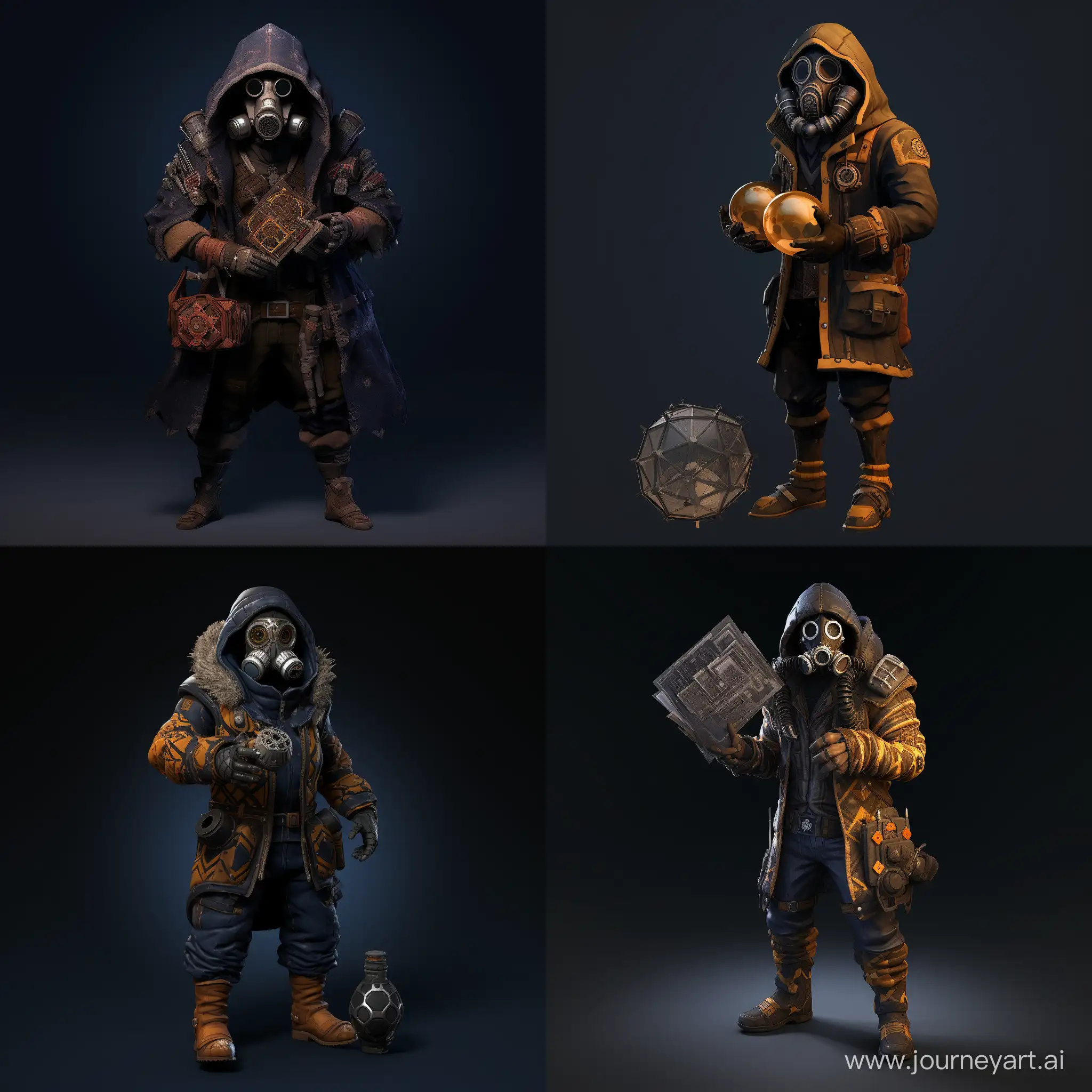 full-length photorealism. Engineer-scientist of strong build. He is wearing a gas mask with a double filter and amber lenses. Dressed in a dark blue warm jacket with a hood with a fur trim and dark blue jeans. Wears gray gloves and black combat boots. He holds a sphere in his hands, on the surface of which there are complex patterns, and the patterns also glow blue.