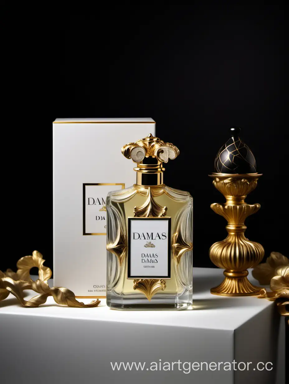 Luxurious-Damas-Cologne-Bottle-Beside-Ornate-Baroque-White-Box-with-Golden-Accents