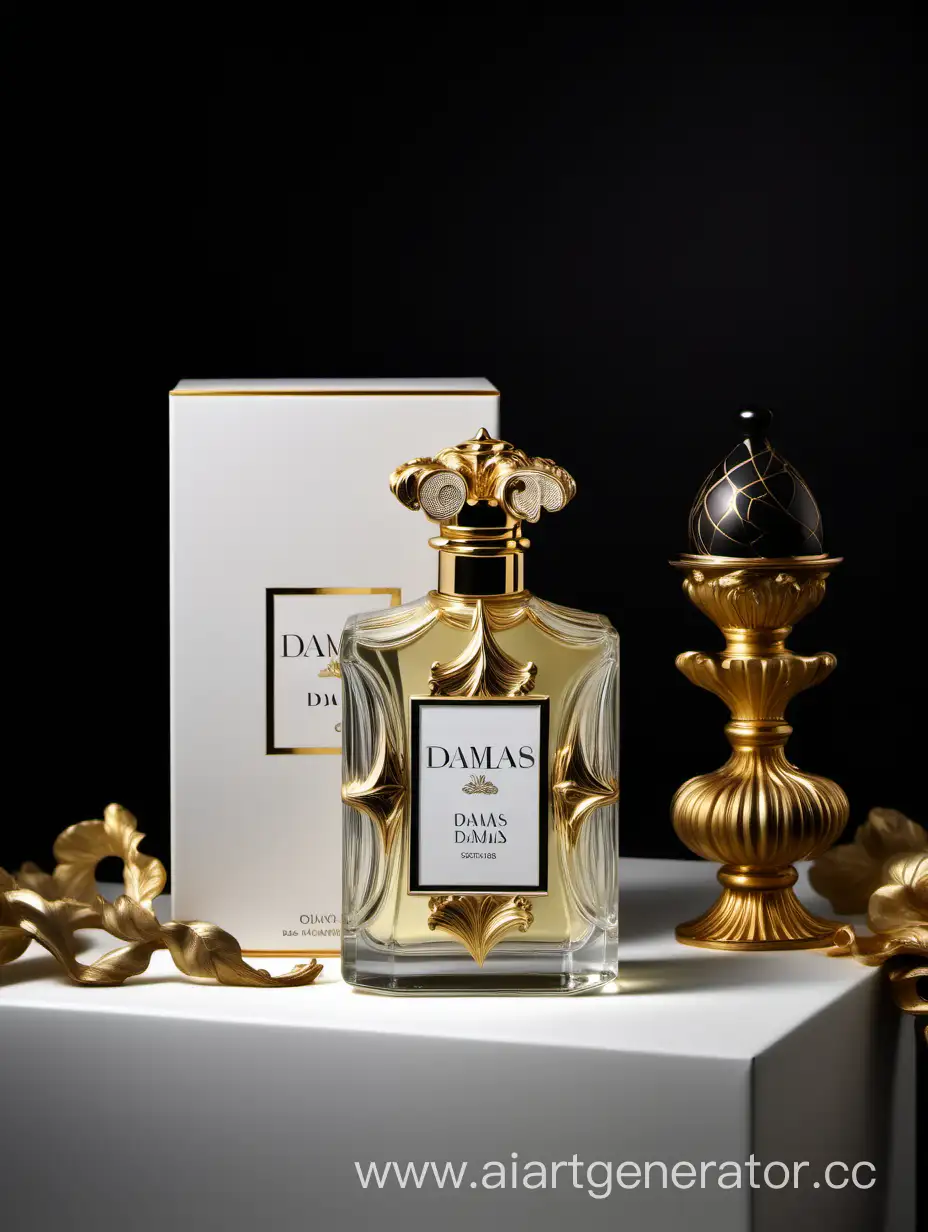 a bottle of damas cologne sitting next to a dark White box,with golden lines a Baroque dynamic luxurious composition, feminine
flemish Baroque