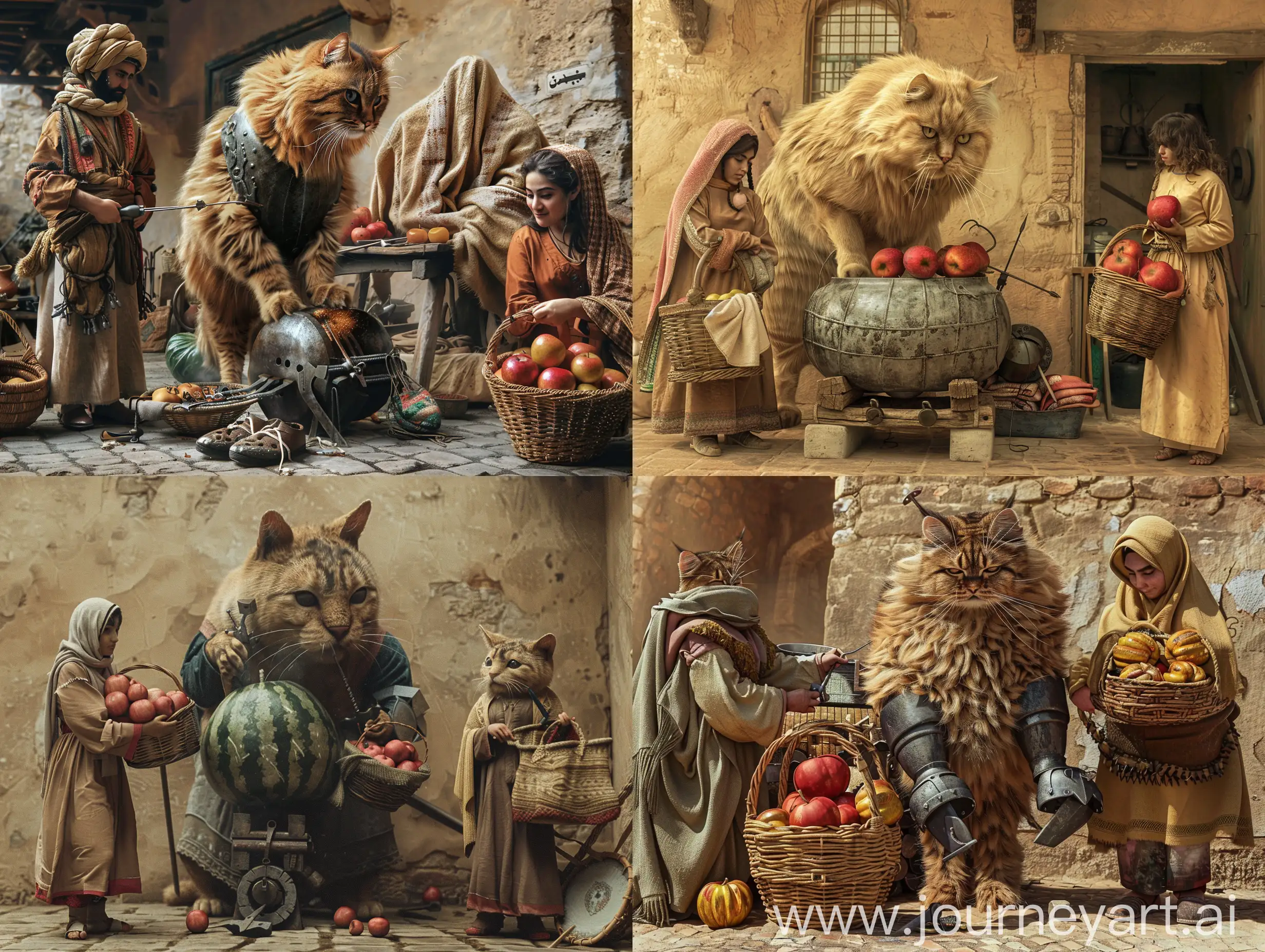 An ancient blacksmith in the city of Arg Bam, Kerman, is making iron shoes and iron armor for a giant horse-sized Persian cat, whose sister is holding two baskets, one full of shawls and the other full of giant apples.  As big as a watermelon, it goes into blacksmithing, realistic photo