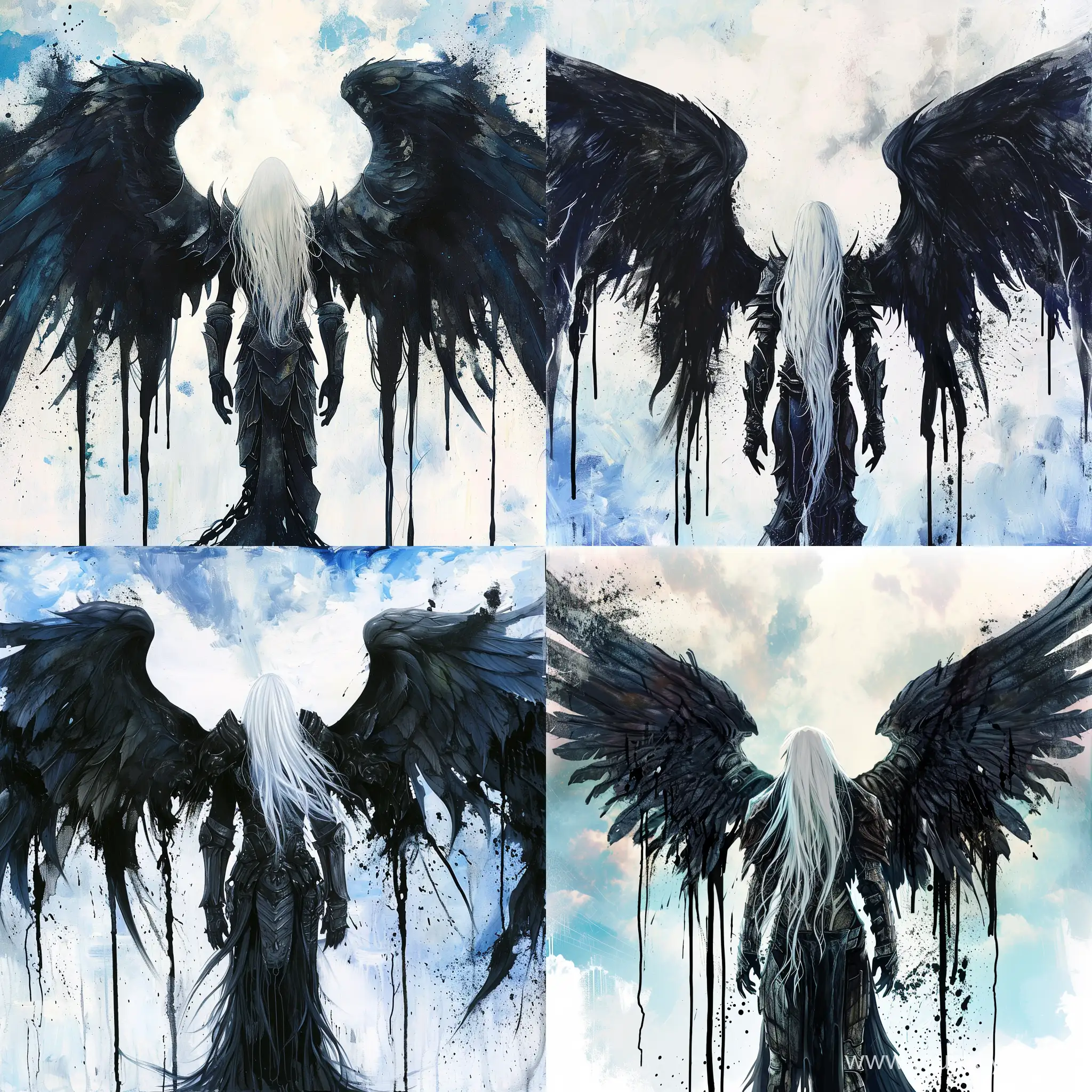 features a dark angel with large black wings, standing in front of a sky background with white and blue hues, the angel has long white hair and is wearing a armor-like outfit, the wings are spread out and there are black paint drips trailing from them