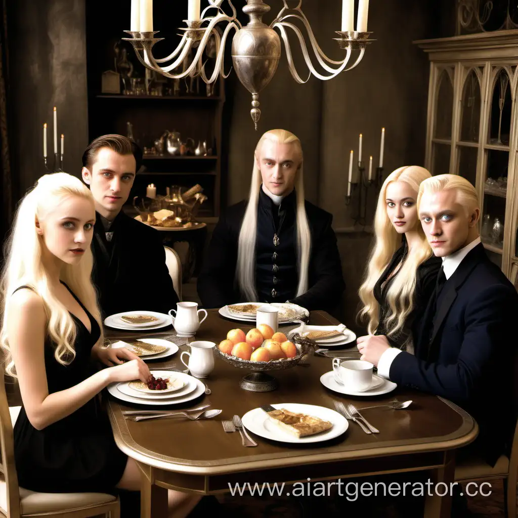 A young beautiful attractive hot girl with blue eyes with blonde hair, sitting with a young handsome attractive Draco Malfoy, opposite Lucius Malfoy is sitting with his wife at a large long table having breakfast at the Malfoy house, Christmas, a family of aristocrats,