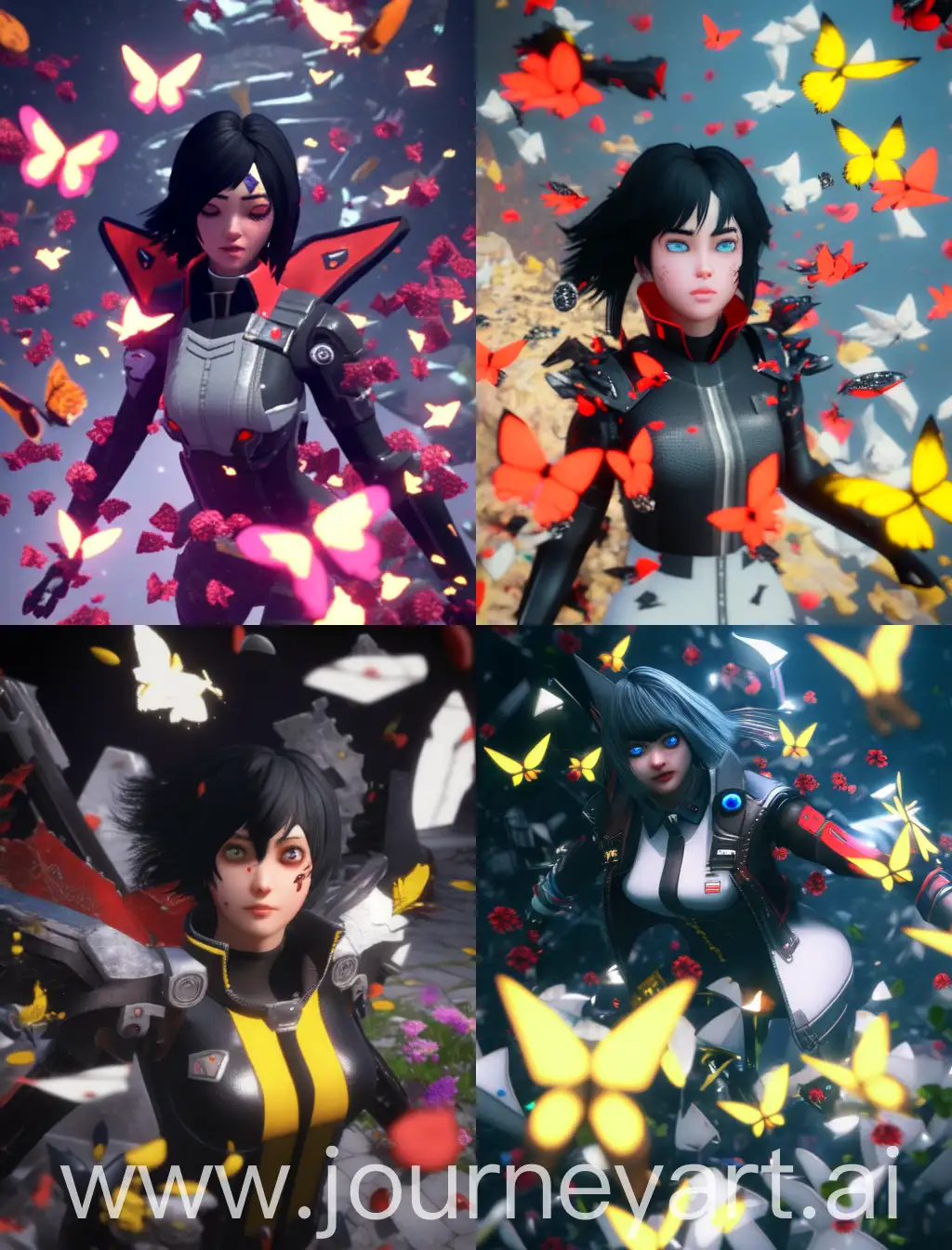 3D render,  cyberpunk girl, doll-like,  with white and black hair and yellow eyes, wearing a black jacket with red details. She has yellow butterflies flying around her and is surrounded by debris, hyperrealistic photography, 