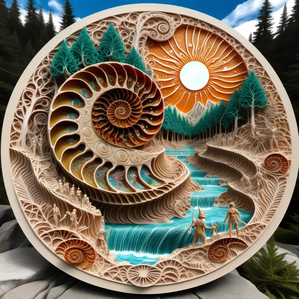 Multilayered , highly detailed  amonite fossil and elves on the top of a mountain with flowing waters and detailed trees, mandala, sun