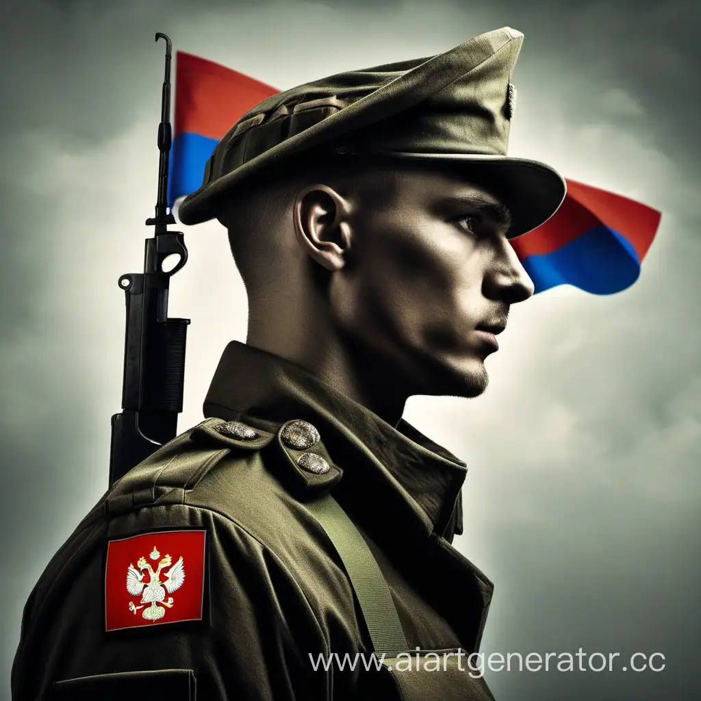 Солдат в профиль на фоне флага России