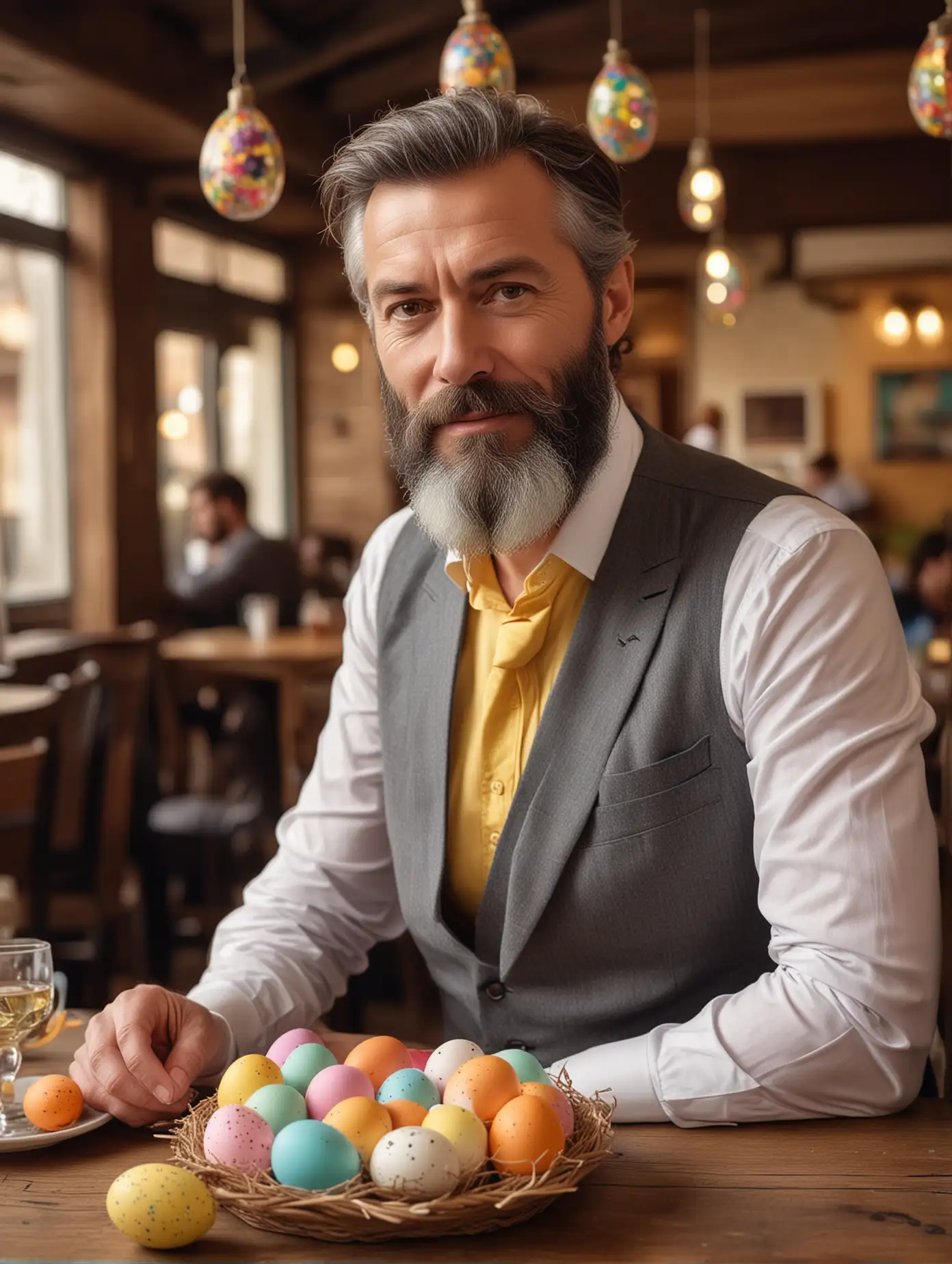 Bearded middle-aged man with exquisite facial features and colorful eggs, dressed elegantly and celebrating Easter in a western restaurant, naughty and cute movements, facing the camera, professional photography skills, full body shot, focused and charming expression