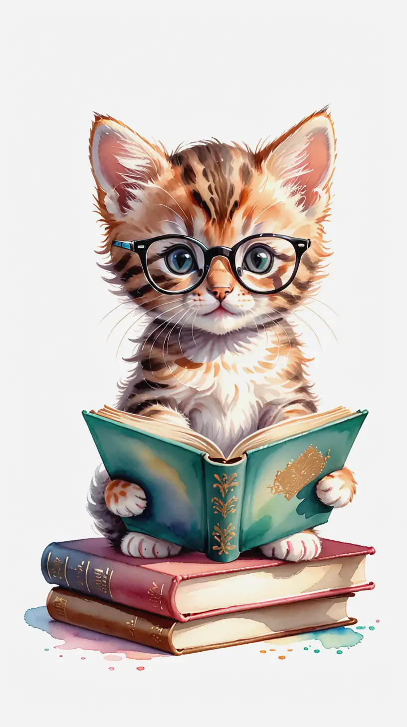 Adorable Kitten with Glasses and Book in Watercolor Style on Blank Background
