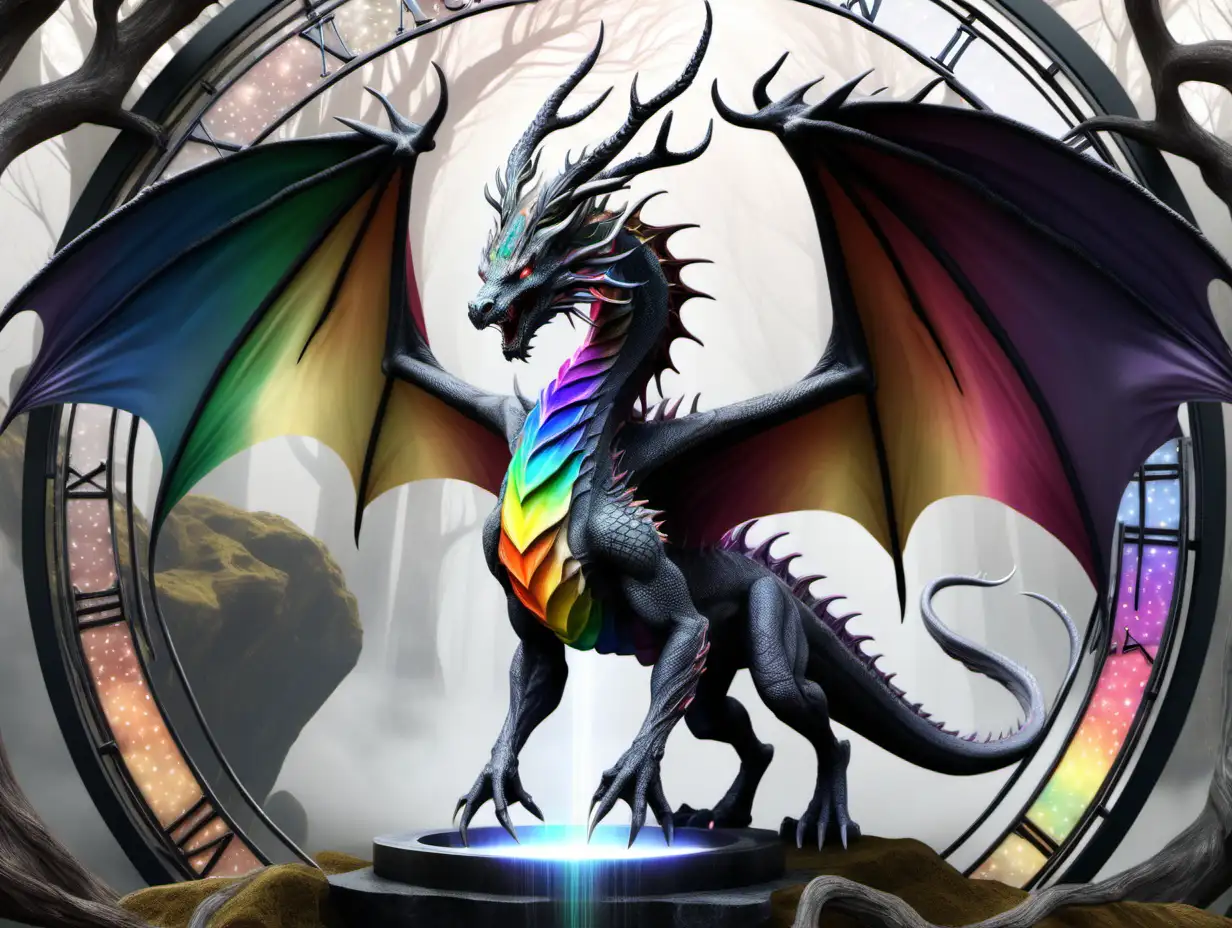 a Grey and black dragon with antlers and branching rainbow-hued veins, standing in front of a time portal