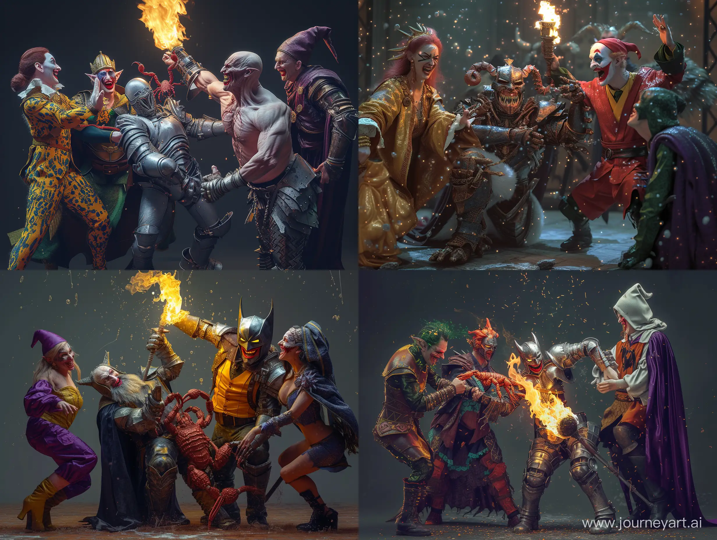 A group consisting of a scorpion king, a wizard, an armored man with a torch, a judge and a joker.
 The Armored Man with the Torch fights the Scorpion King and the Joker laughs at them while the Enchantress casts a spell on everyone while the judge judges. Cinematic, Photoshoot, Shot on 25mm lens, Depth of Field, Tilt Blur, Shutter Speed 1/1000, F/22, White Balance, 32k, Super-Resolution, Pro Photo RGB, Half rear Lighting, Backlight, Dramatic Lighting, Incandescent, Soft Lighting, Volumetric, Conte-Jour, Global Illumination, Screen Space Global Illumination, Scattering, Shadows, Rough, Shimmering, Lumen Reflections, Screen Space Reflections, Diffraction Grading, Chromatic Aberration, GB Displacement, Scan Lines, Ambient Occlusion, Anti-Aliasing, FKAA, TXAA, RTX, SSAO, OpenGL-Shader’s, Post Processing, Post-Production, Cell Shading, Tone Mapping, CGI, VFX, SFX, insanely detailed and intricate, hyper maximalist, elegant, dynamic pose, photography, volumetric, ultra-detailed, intricate details, super detailed