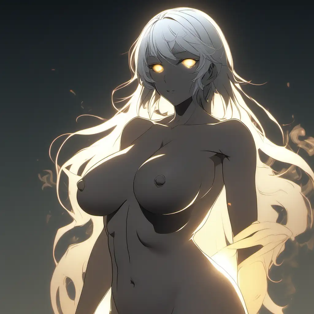 Anime Silhouette, smoking a cigarette, beautiful shape, beautiful body, (adult, mature body, whole body, white hair, golden eyes, full hips/thighs/waist, and bewitching chest with huge breasts), extremely detailed, ultra-sharp focus, depth of field, perfect meshes and textures, highly accurate reflections, volumetric fog, volumetric lighting, face drawn by the masterful artist Paul Gauguin, thin and soft lines --ar 2:3 --niji 5