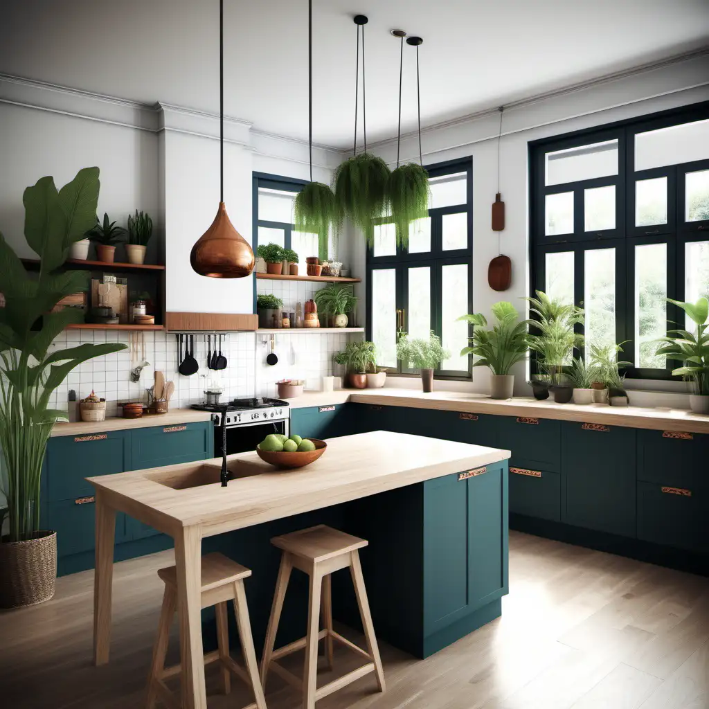 Vibrant ThaiScandinavian Fusion Kitchen with Ample Storage and Cozy Seating