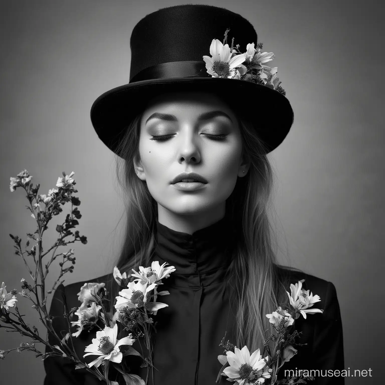 black and white photo of a fashion model with closed eyes and a top hat with some dead flowers on it

