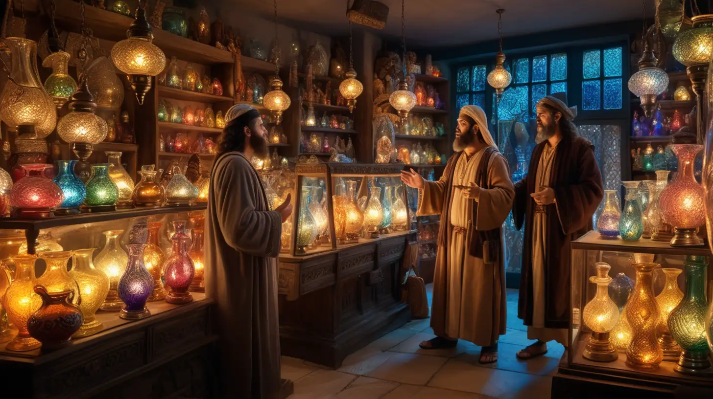 Ancient Hebrew Traders in a Vibrant Glassware Shop