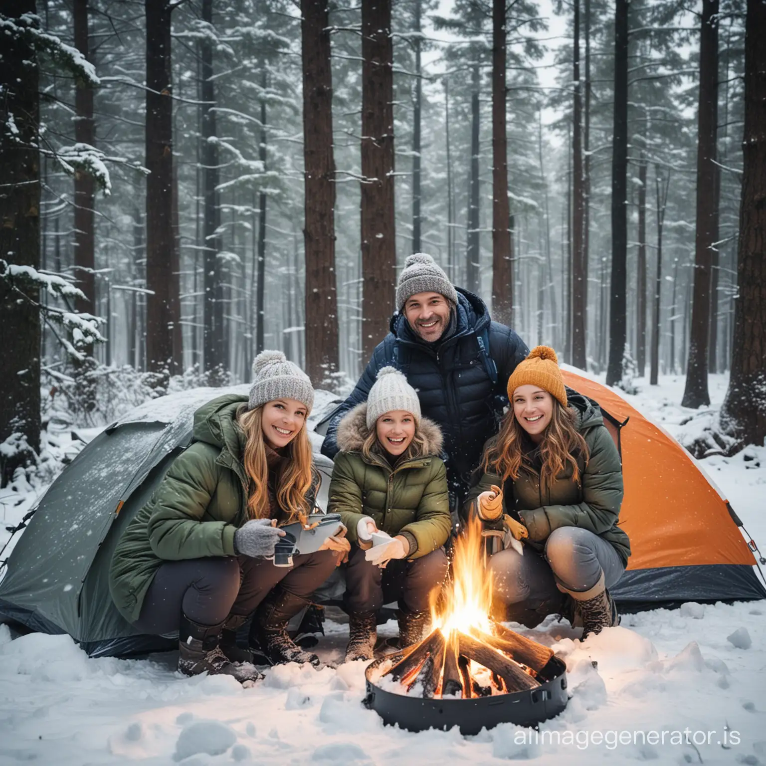 a happy family camping a cold snowy forest