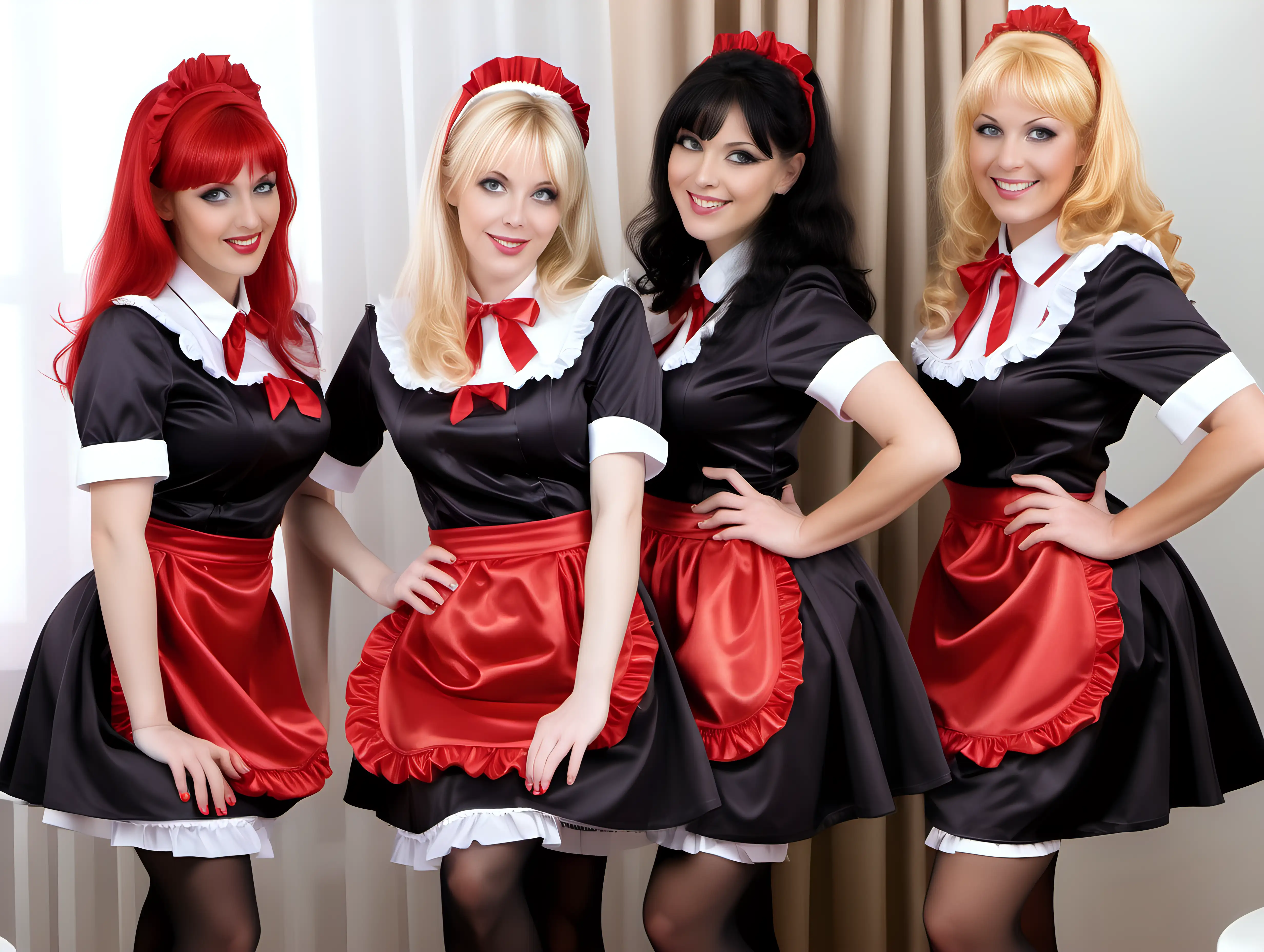 girls in long crystal satin retro maid red lilac black uniforms and milf mothers long blonde and red hair,black hair