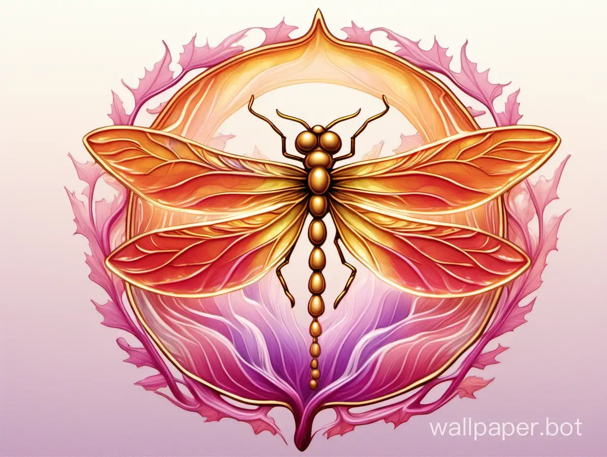 The logo is round, a ring, all delicate, semi-transparent, three thin gold borders, a ring within a ring, inside an orange-red maple leaf, horizontally within the ring, waves combine three light semi-transparent streams of pink, yellow, golden, and lilac colors, creating wavy connections inside; a golden dragonfly flew in and landed on the maple leaf.