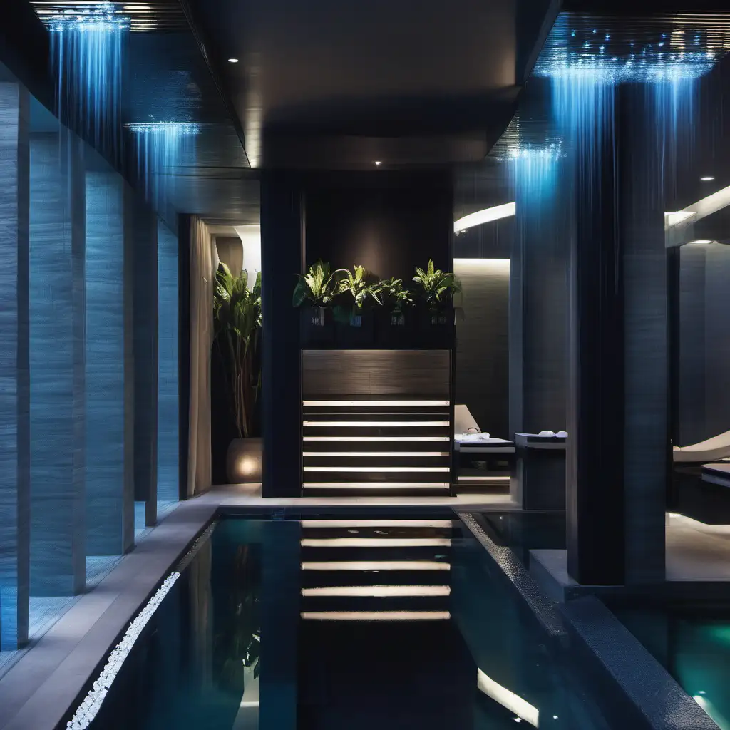Moderner Spa Bereich eines luxushotels, Regendusche und infinity Pool, dunkle  und entspannende Farbstimmung 