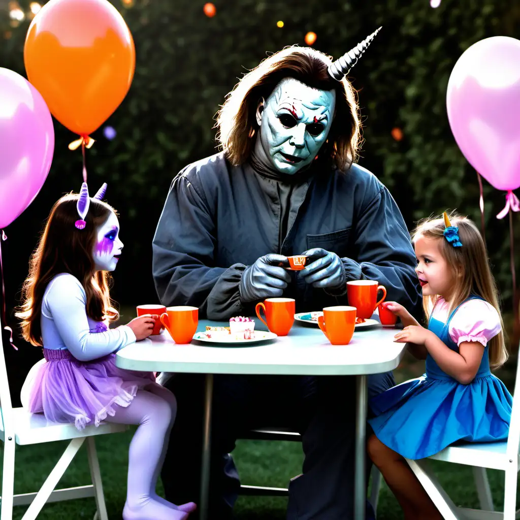 Michael mayers z filmy Halloween sedí na malej detskej stoličke pri malom detskom stole kde sa odohráva čajový večierok spolu s jednorožcom a malým dievčaťom. Michael mayers sedí pri stole a pije čaj . V pozadí balóny a šťastný ľudia 
