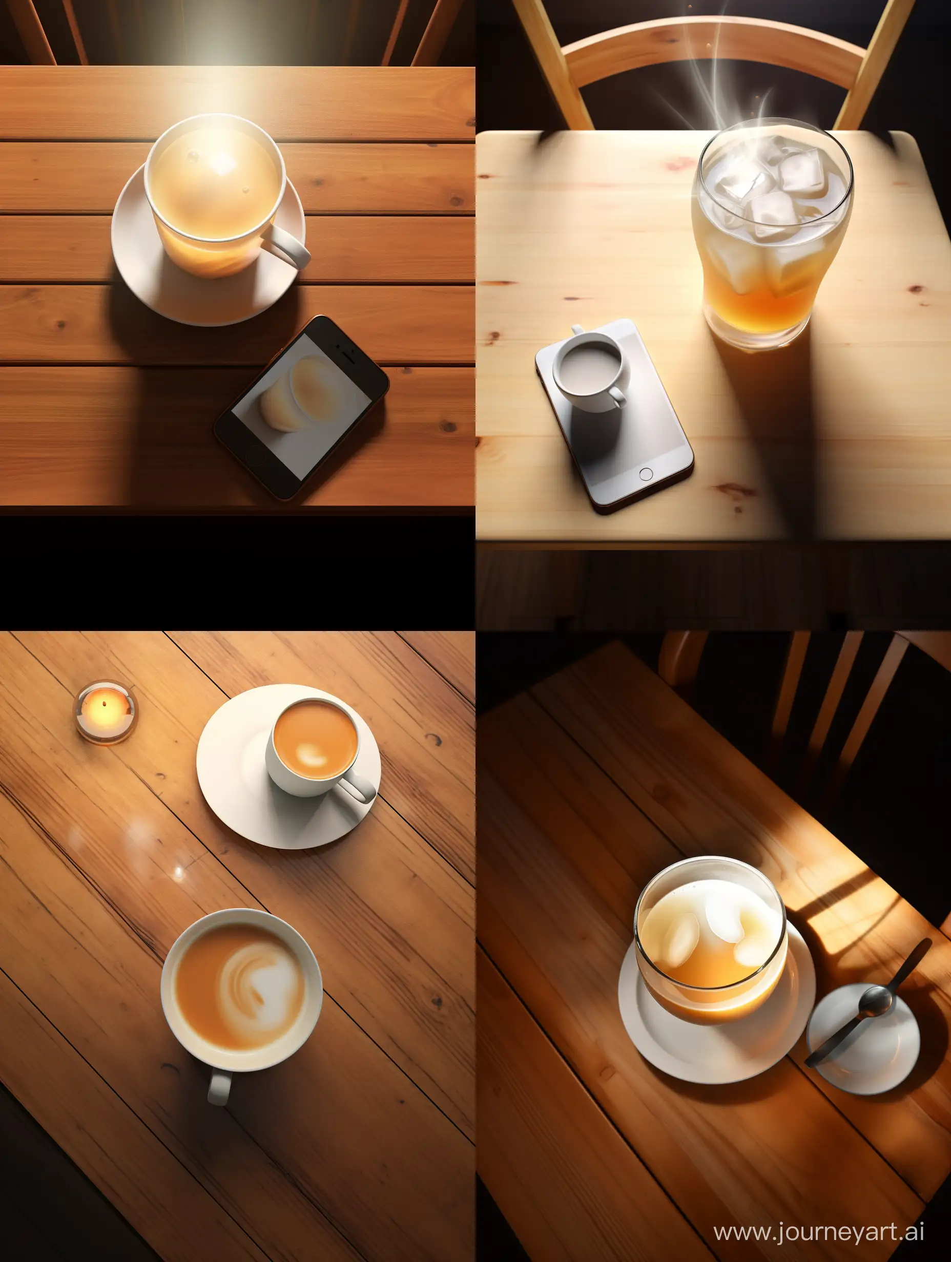 A phone photo of a cup of tea Made of glass and showing milk tea inside, above a wooden table and lighting falling on the cup and table, ultra-realistic. --s 0 --style raw