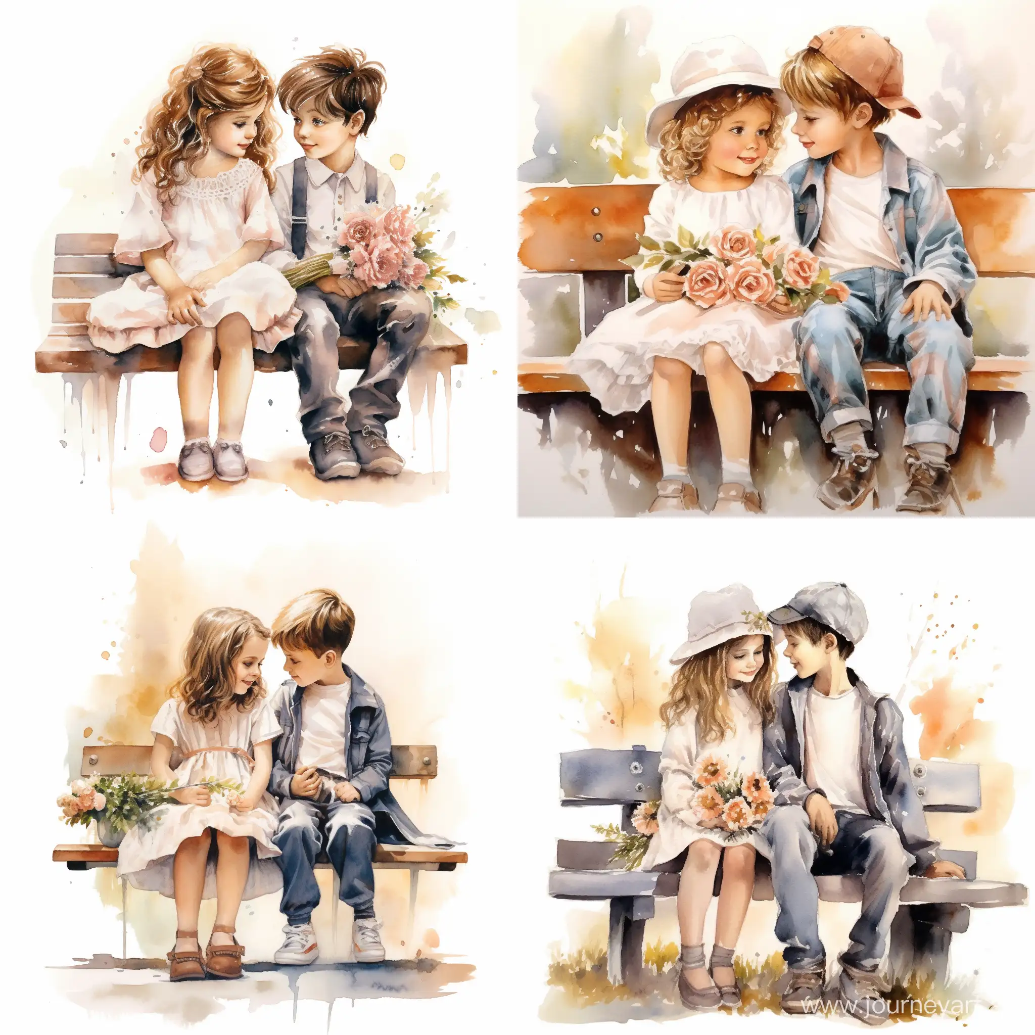 Romantic-Childrens-Photography-Sweet-Gesture-on-a-Bench-with-Flowers