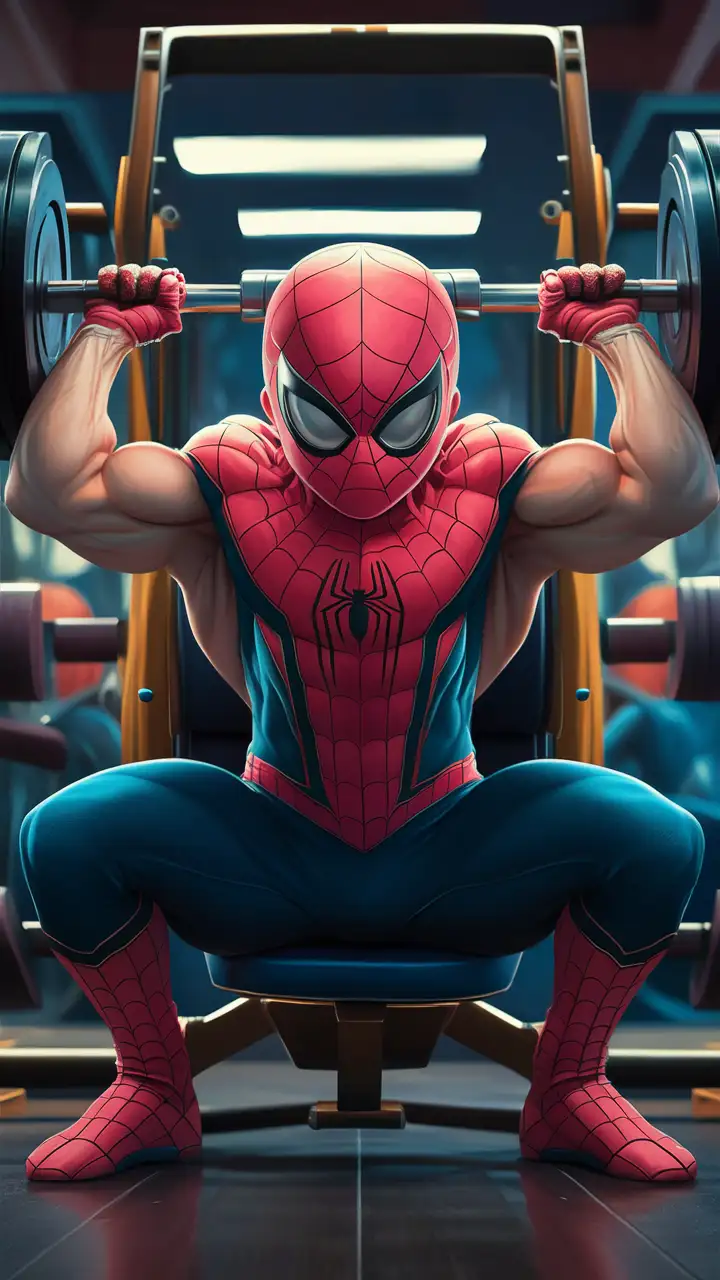 Boy Spiderman lifting weights at the gym. Boy Spiderman is looking muscular and bulky 