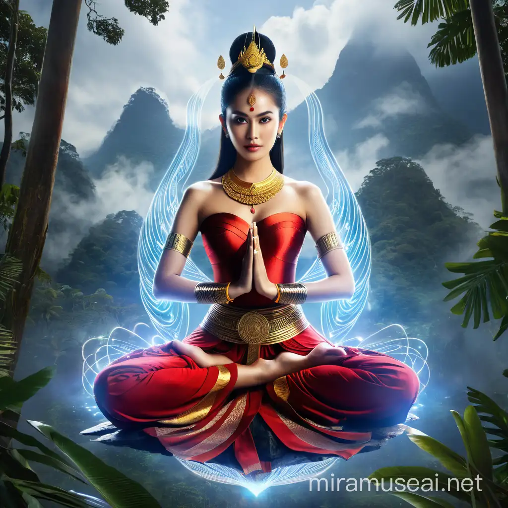 Beautiful Indonesian female warrior from the Majapahit royal dynasty wearing a small gold necklace like a queen, wearing a red camisole (kemben), long black hair tied in a bun, doing floating meditation (hand namaste), floating in the air, surrounded by energy from her whole body, and an invisible machine. real 5, unreal volumetric mixed color lines, blue red white, lighting all over him, eyes to camera, rainforest background, mountains.UHD,HD,65K