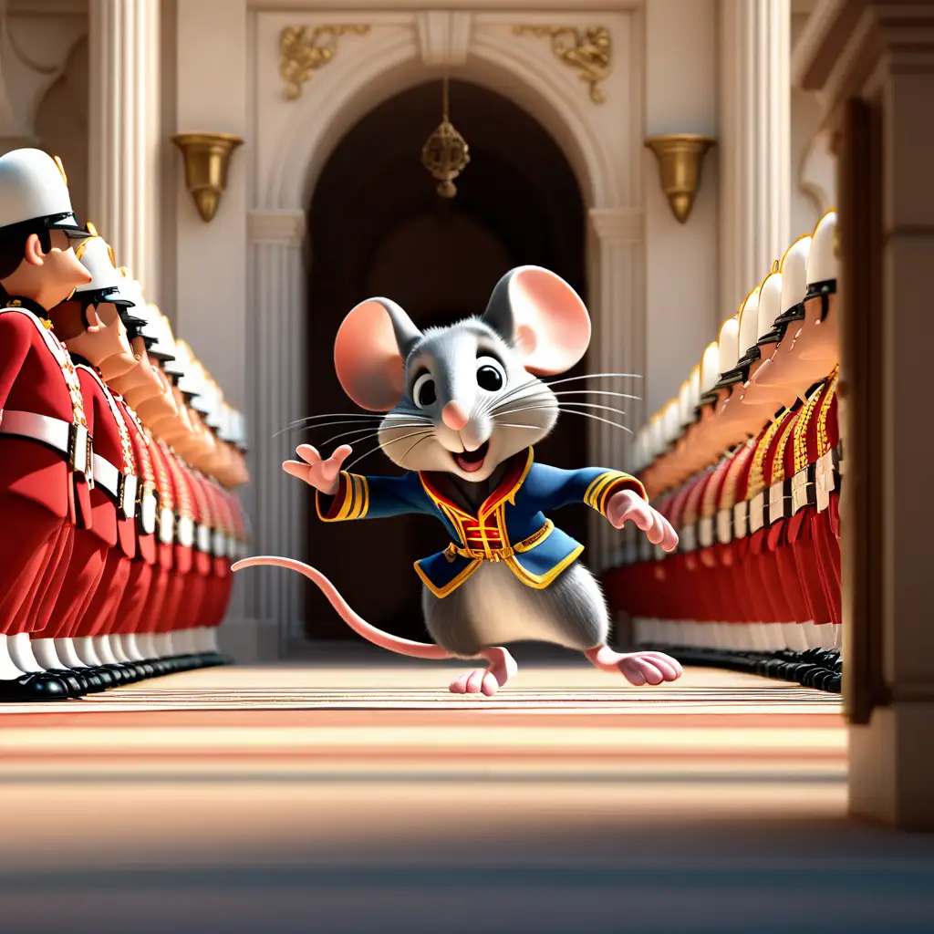 Create a 3D illustrator of an animated image of a mouse being chased by guards in the palace. Beautiful spirited background illustrations.